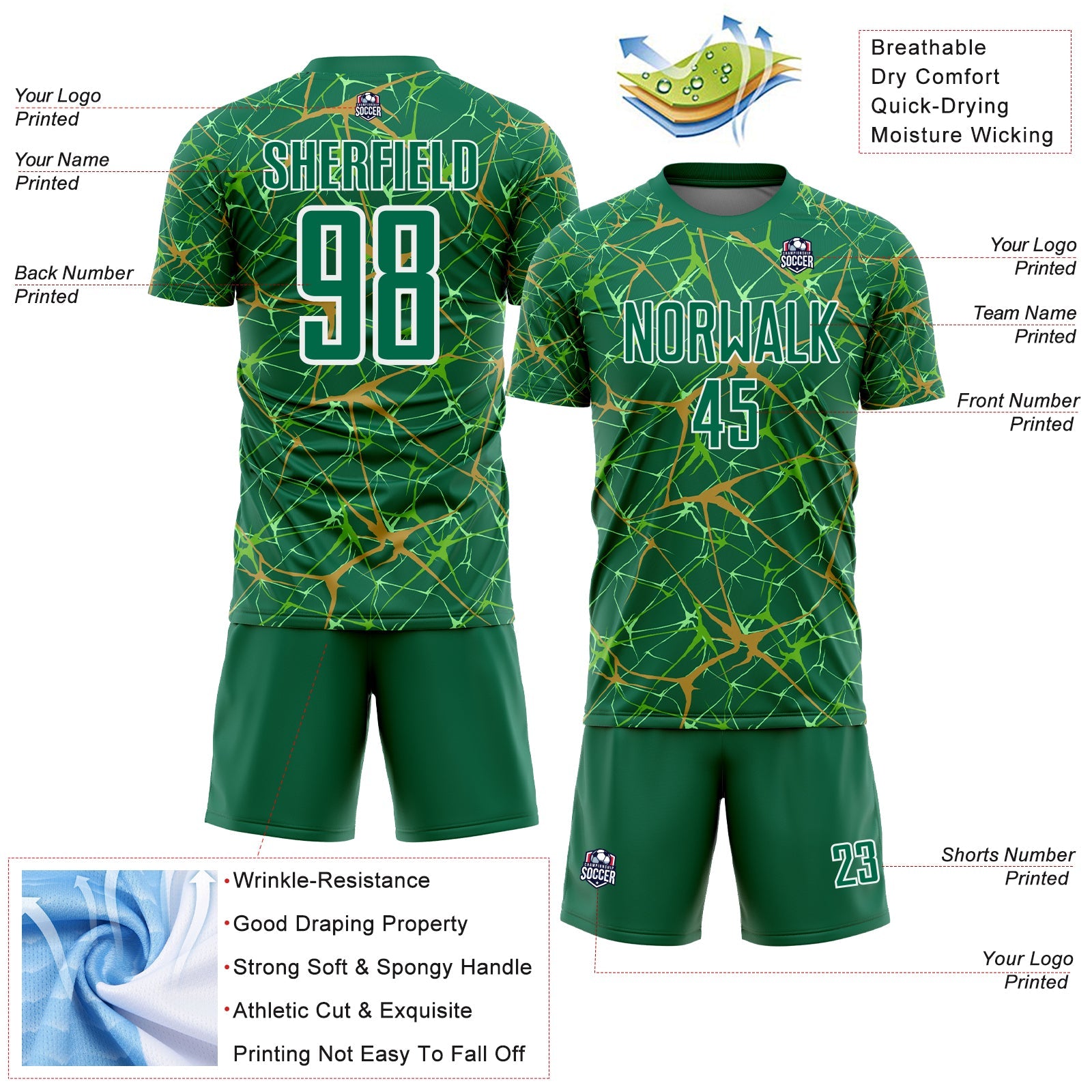 Custom Kelly Green Old Gold-White Abstract Network Crackle Sublimation Soccer Uniform Jersey view 4