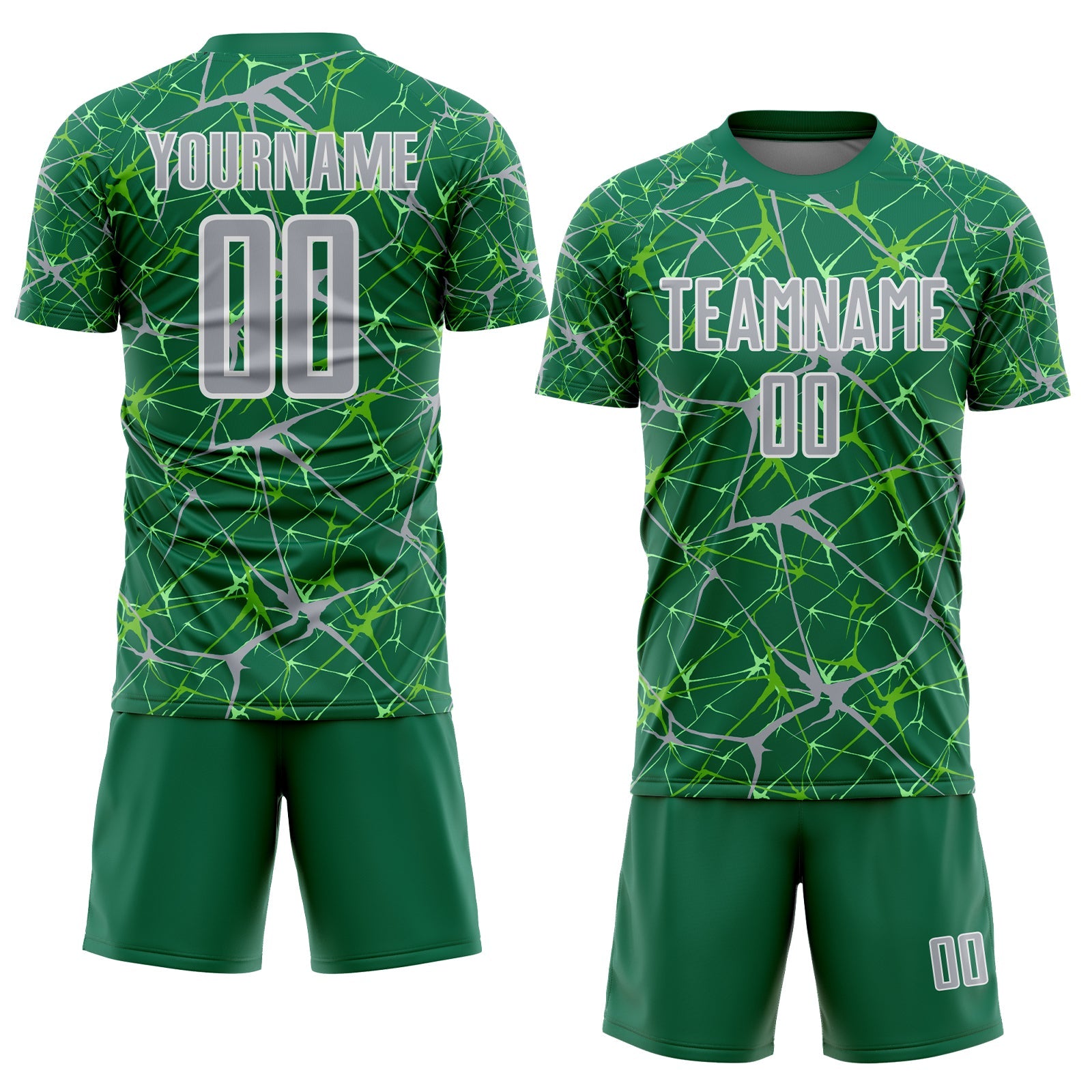 Custom Kelly Green Gray-White Abstract Network Crackle Sublimation Soccer Uniform Jersey view 2