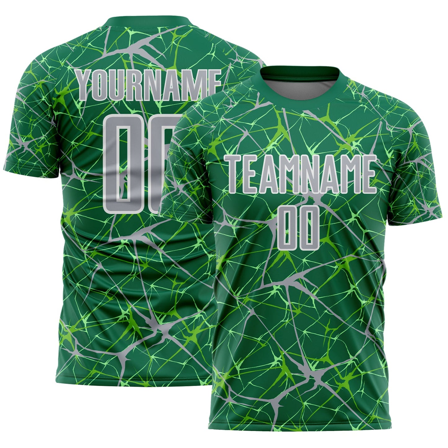 Custom Kelly Green Gray-White Abstract Network Crackle Sublimation Soccer Uniform Jersey - Main View
