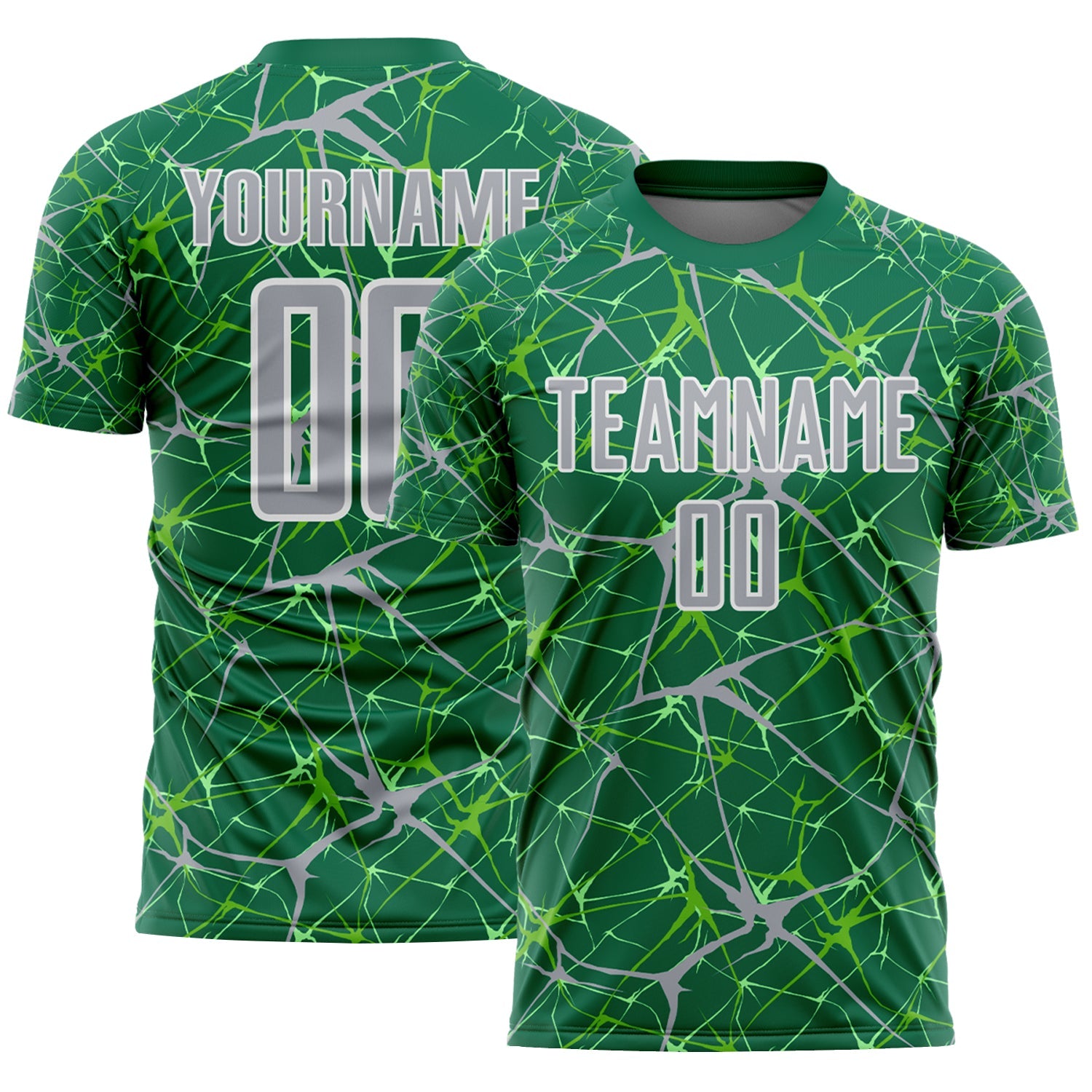 Custom Kelly Green Gray-White Abstract Network Crackle Sublimation Soccer Uniform Jersey - Main View