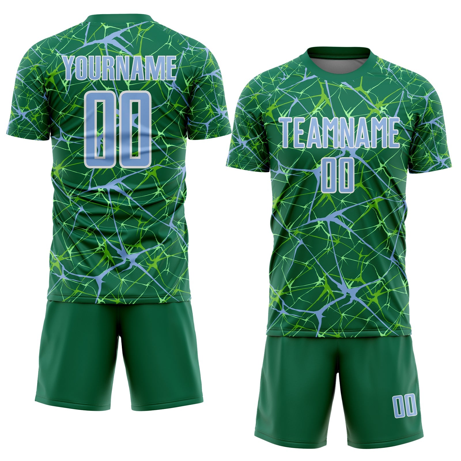 Custom Kelly Green Light Blue-White Abstract Network Crackle Sublimation Soccer Uniform Jersey view 2