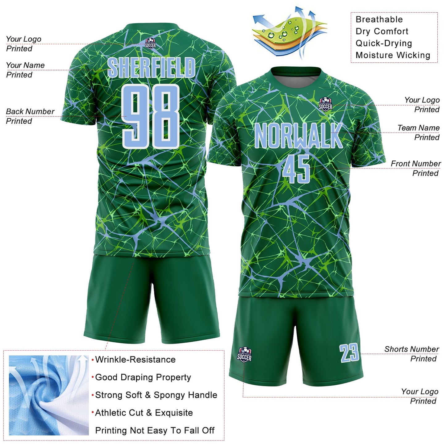 Custom Kelly Green Light Blue-White Abstract Network Crackle Sublimation Soccer Uniform Jersey view 4