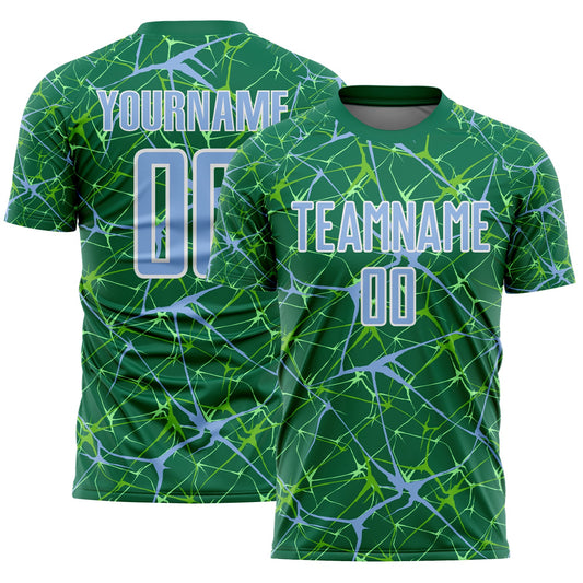 Custom Kelly Green Light Blue-White Abstract Network Crackle Sublimation Soccer Uniform Jersey - Main View