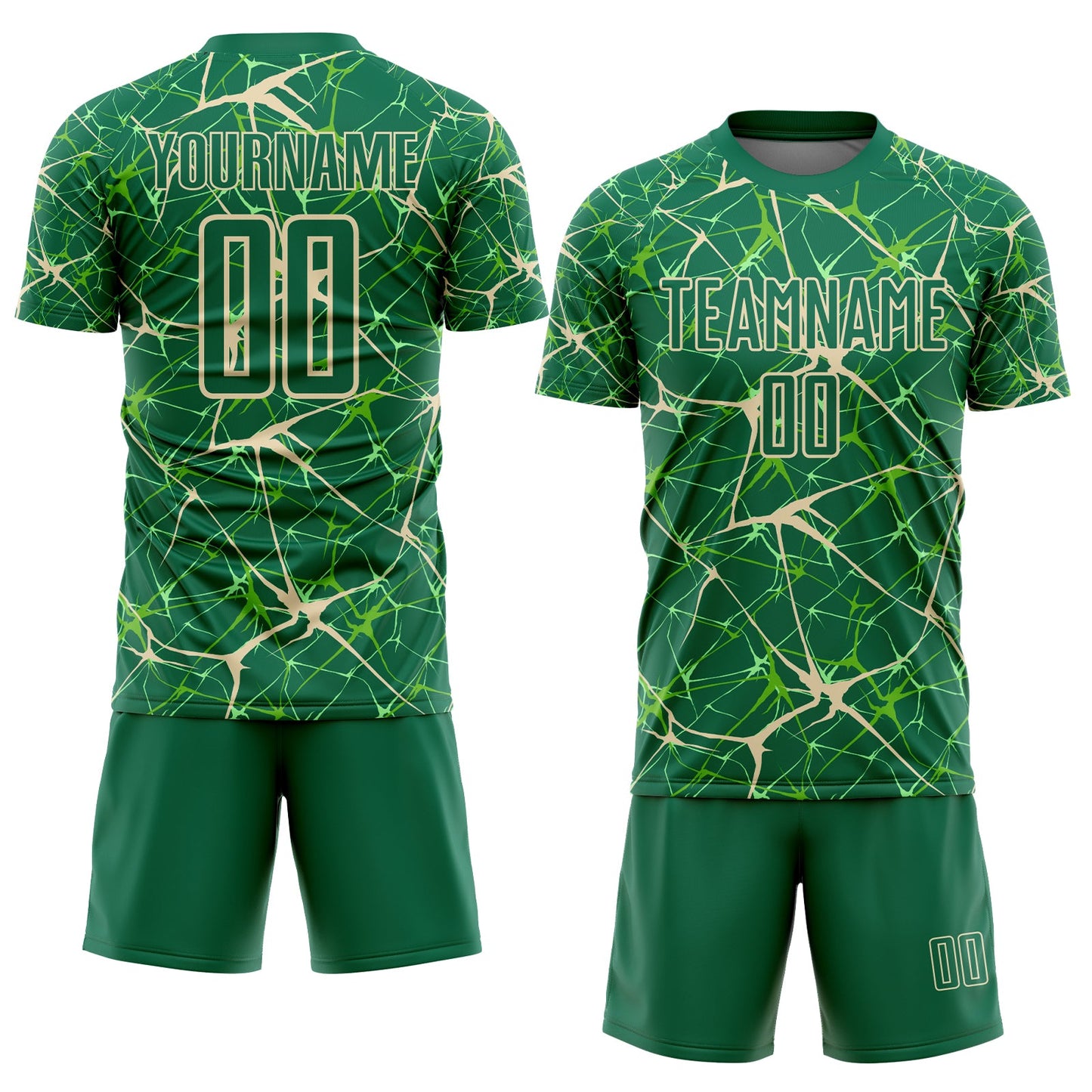 Custom Kelly Green-Cream Abstract Network Crackle Sublimation Soccer Uniform Jersey view 2