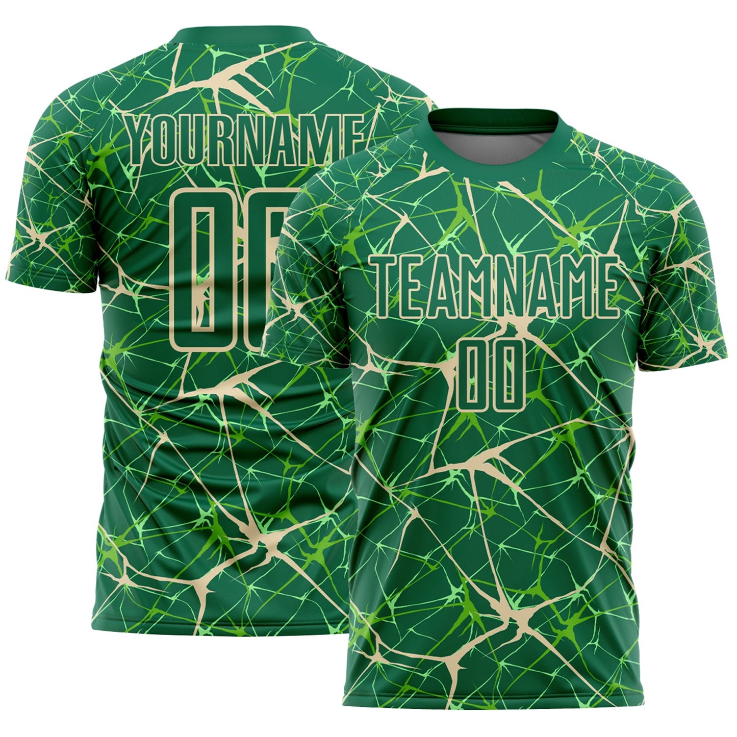 Custom Kelly Green-Cream Abstract Network Crackle Sublimation Soccer Uniform Jersey - Main View