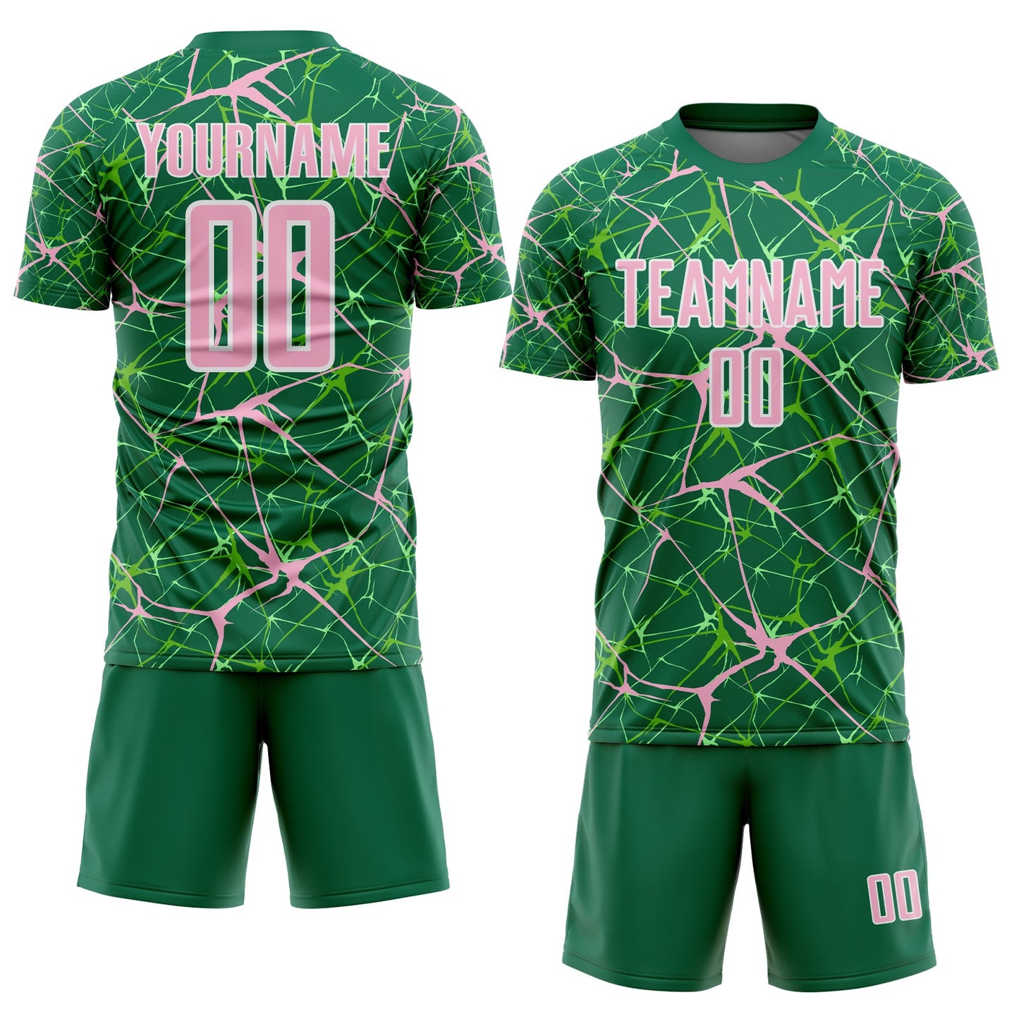 Custom Kelly Green Light Pink-White Abstract Network Crackle Sublimation Soccer Uniform Jersey view 2
