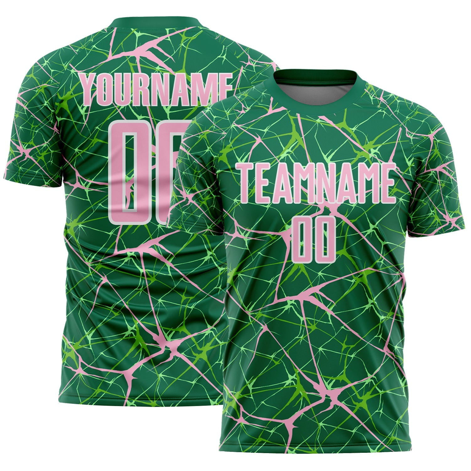 Custom Kelly Green Light Pink-White Abstract Network Crackle Sublimation Soccer Uniform Jersey - Main View