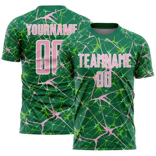 Custom Kelly Green Light Pink-White Abstract Network Crackle Sublimation Soccer Uniform Jersey - Main View