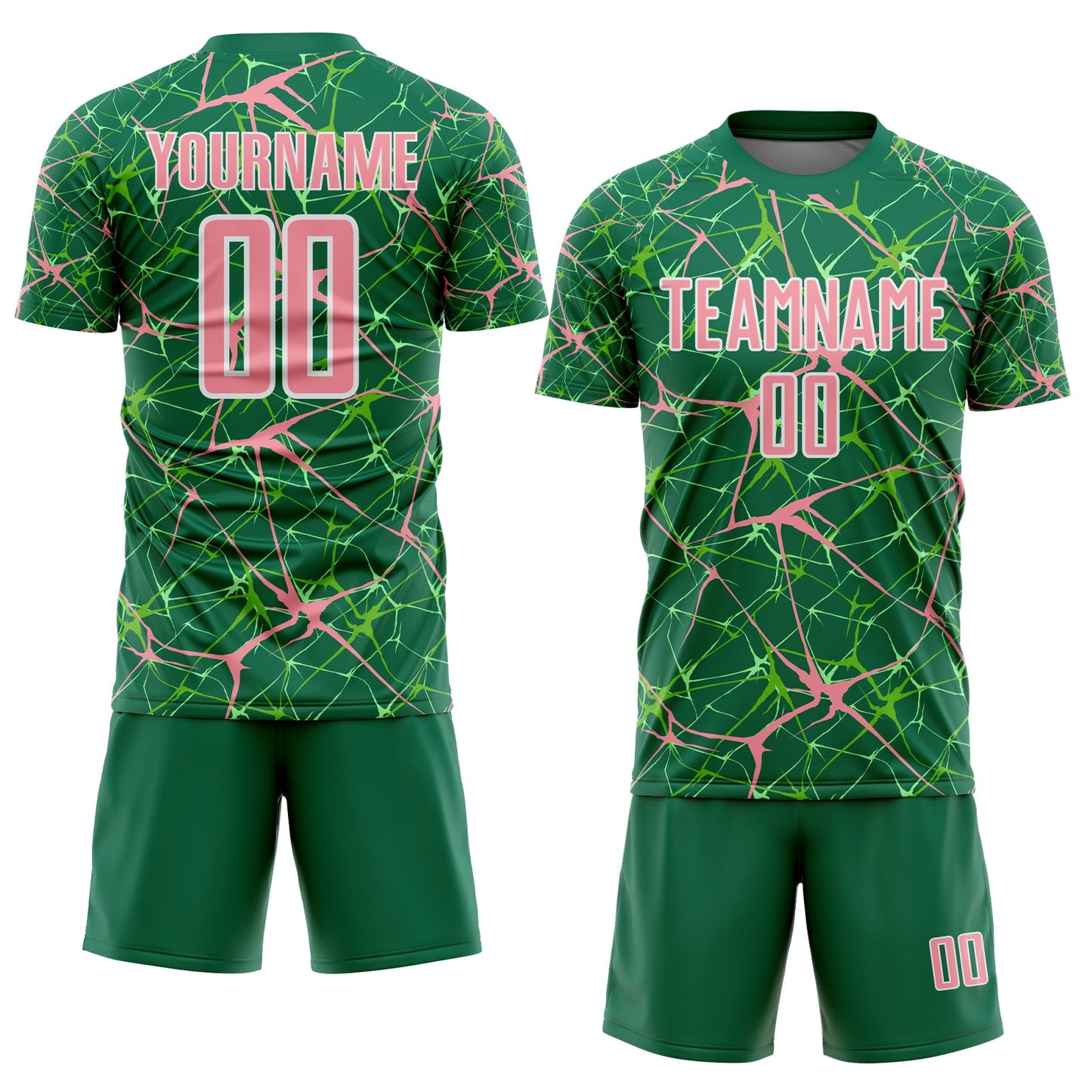 Custom Kelly Green Medium Pink-White Abstract Network Crackle Sublimation Soccer Uniform Jersey view 2