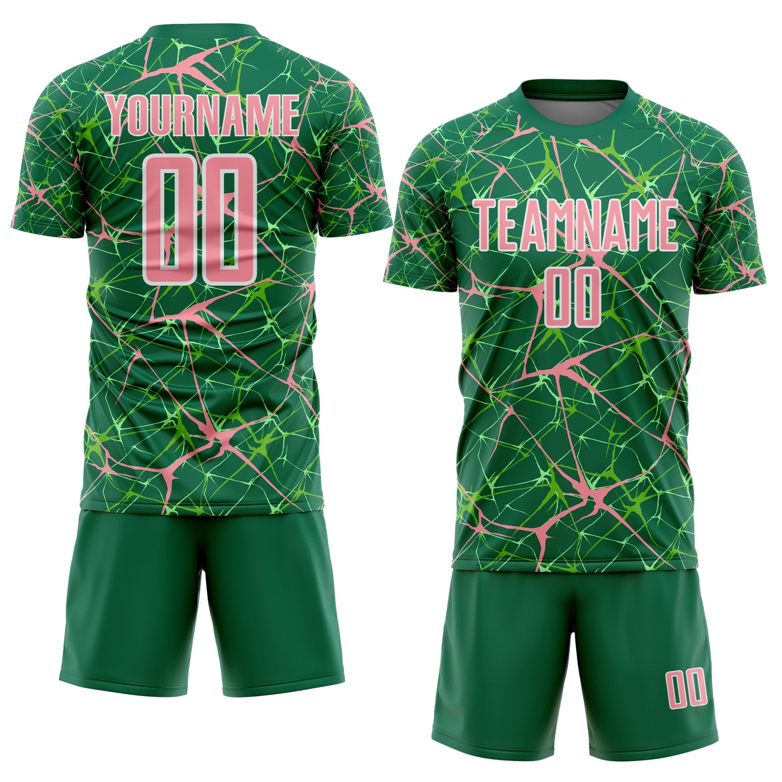 Custom Kelly Green Medium Pink-White Abstract Network Crackle Sublimation Soccer Uniform Jersey view 2