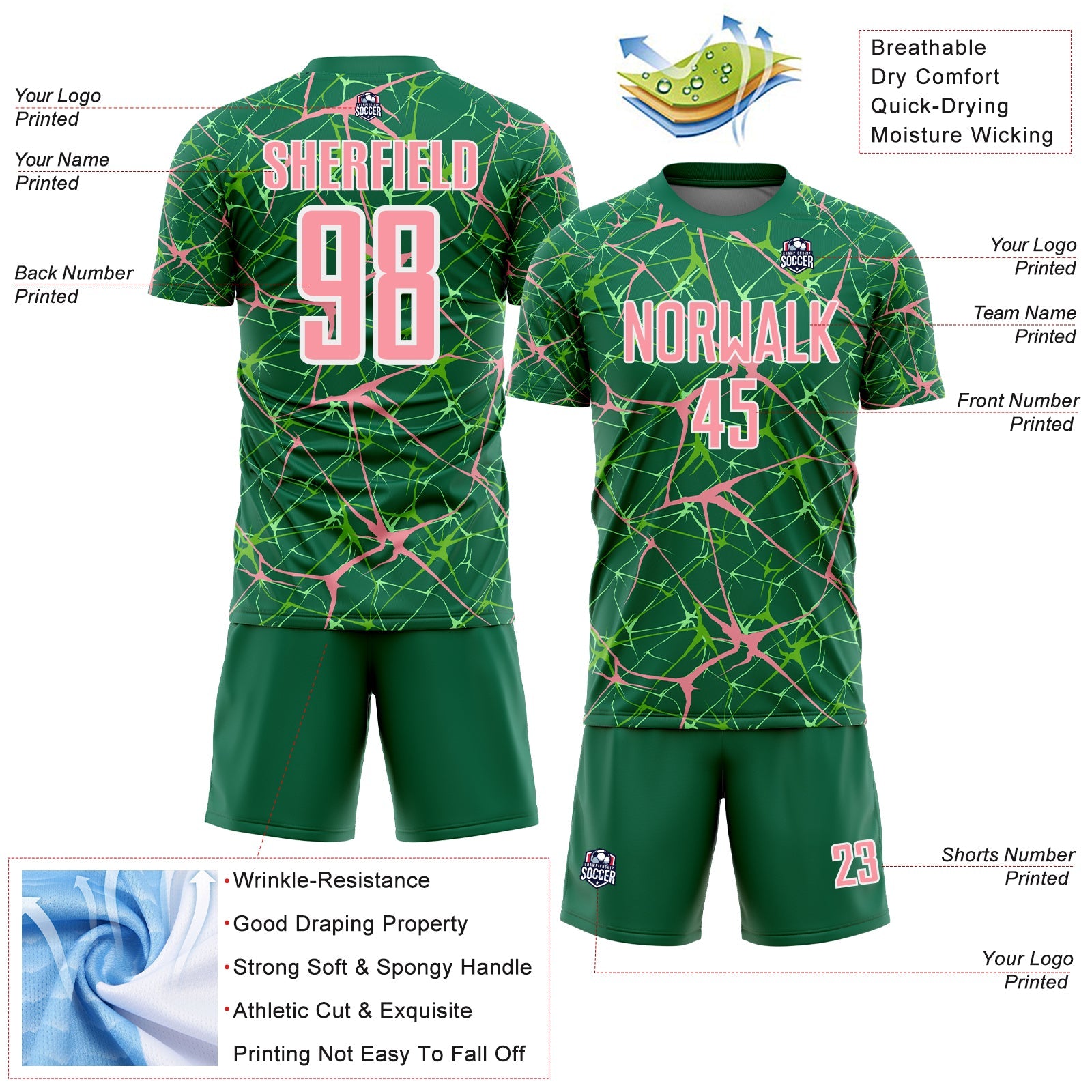 Custom Kelly Green Medium Pink-White Abstract Network Crackle Sublimation Soccer Uniform Jersey view 4