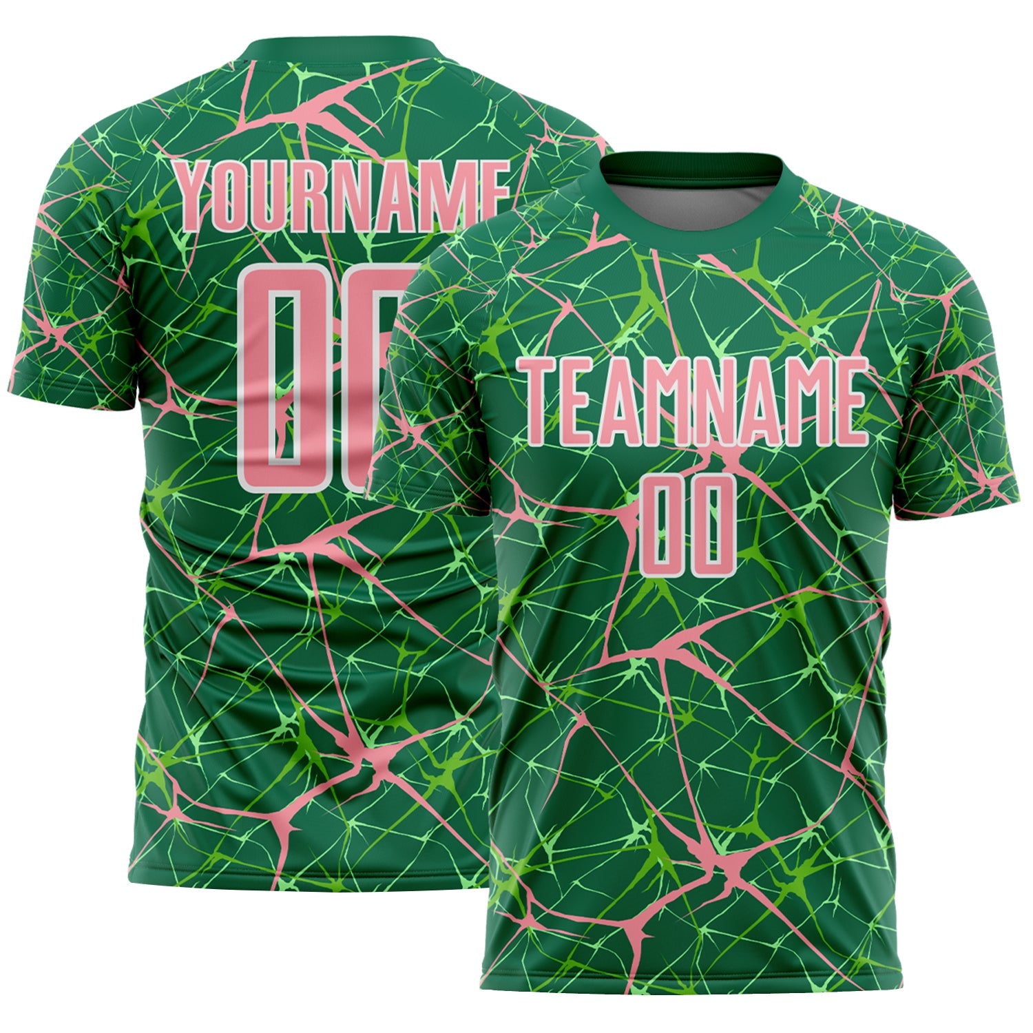 Custom Kelly Green Medium Pink-White Abstract Network Crackle Sublimation Soccer Uniform Jersey - Main View