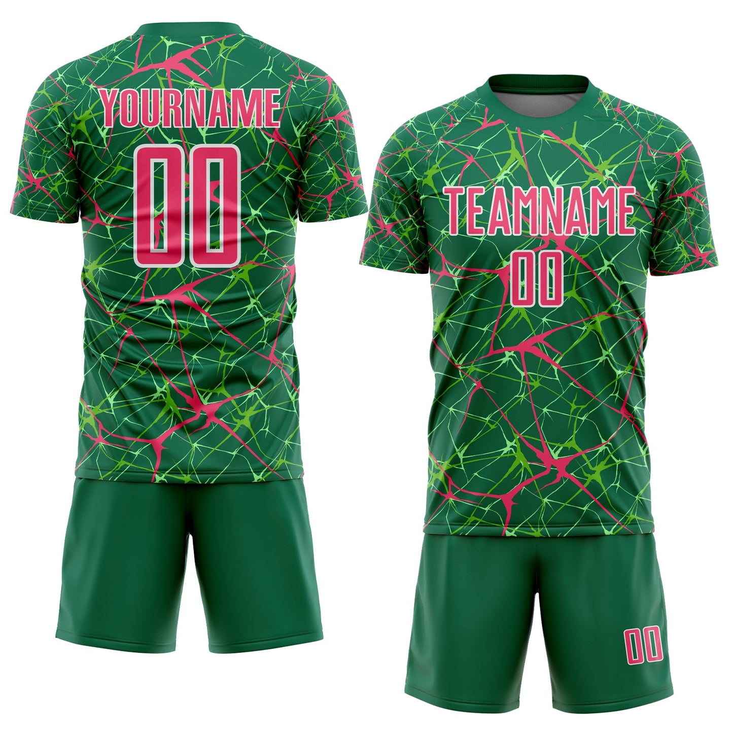 Custom Kelly Green Neon Pink-White Abstract Network Crackle Sublimation Soccer Uniform Jersey view 2