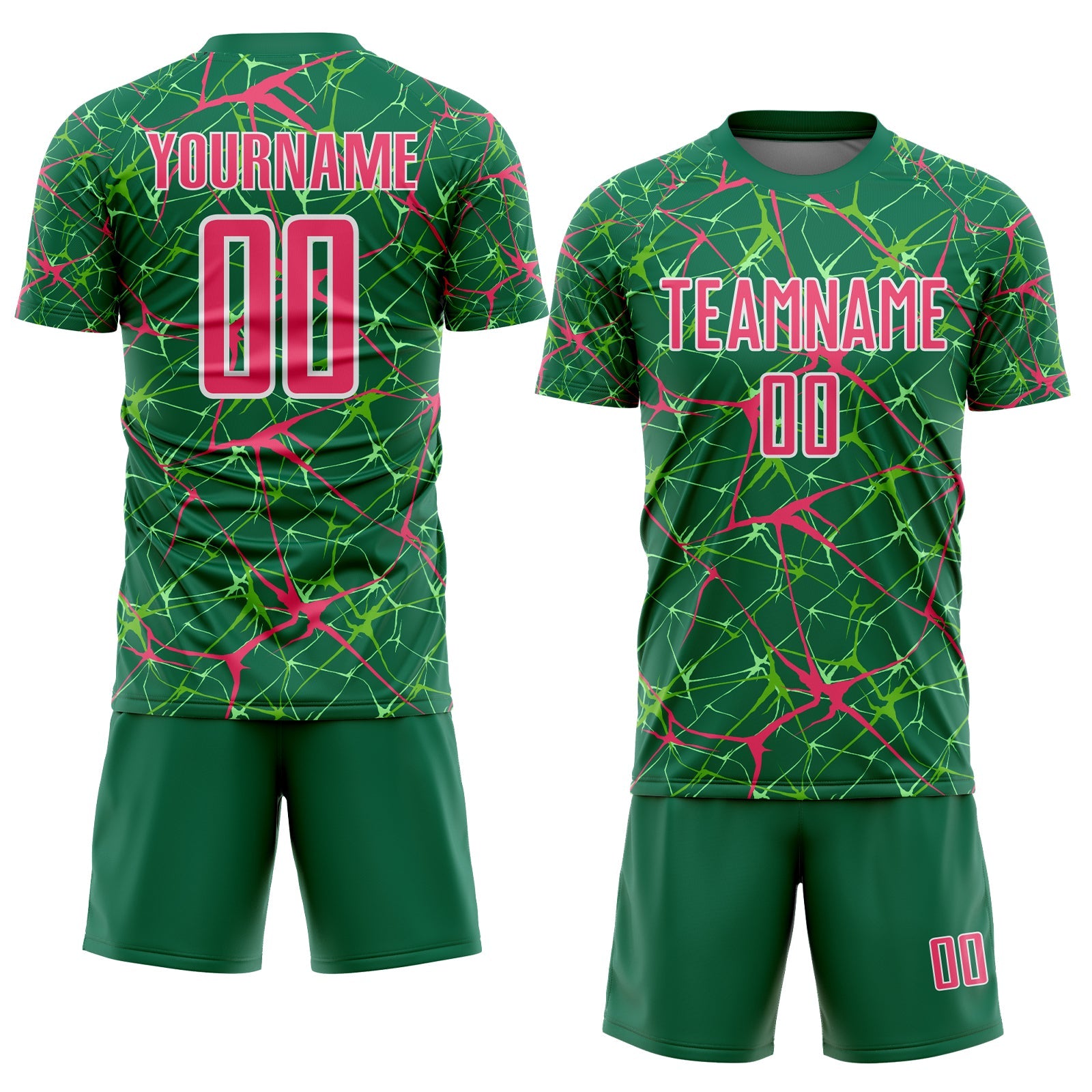 Custom Kelly Green Neon Pink-White Abstract Network Crackle Sublimation Soccer Uniform Jersey view 2