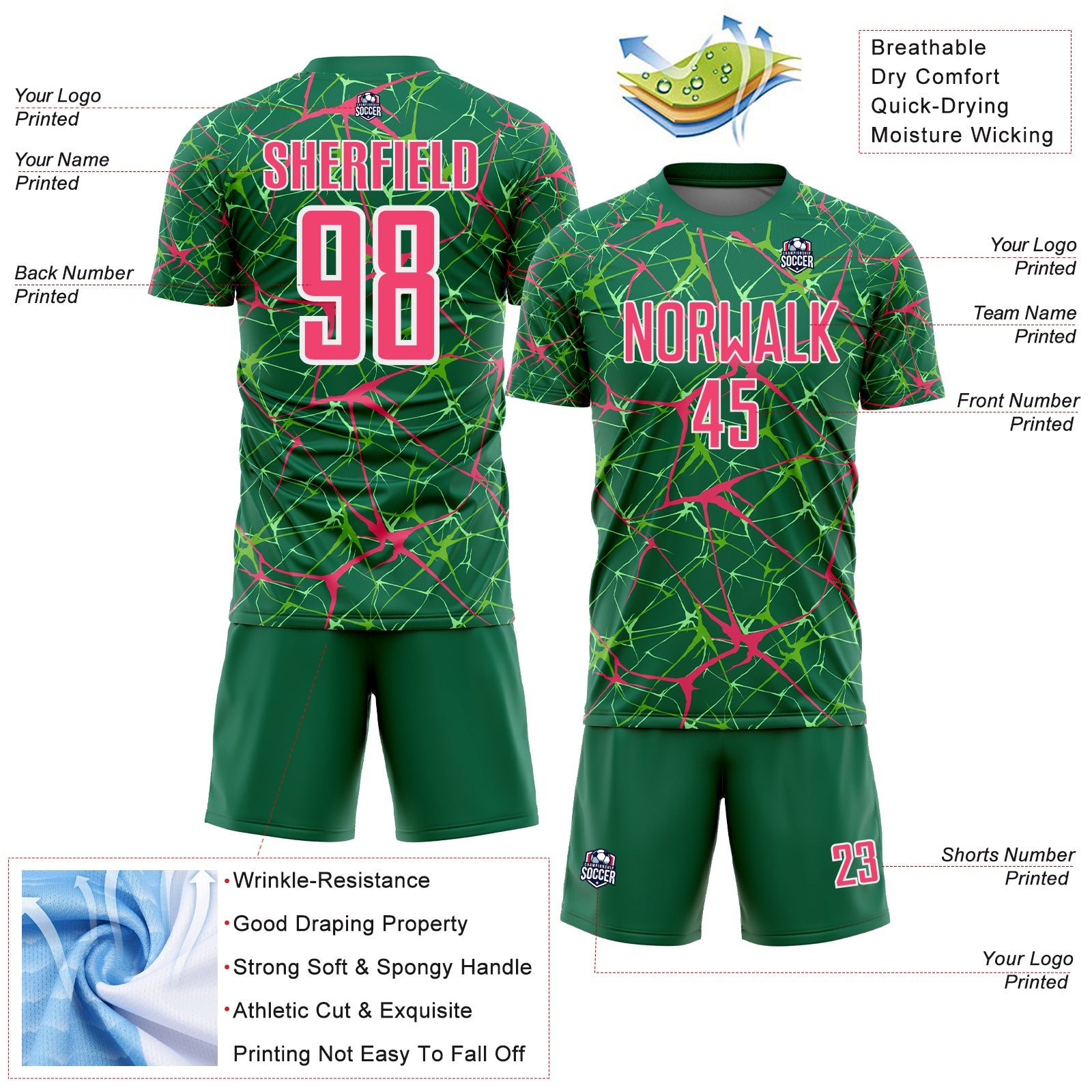Custom Kelly Green Neon Pink-White Abstract Network Crackle Sublimation Soccer Uniform Jersey view 4
