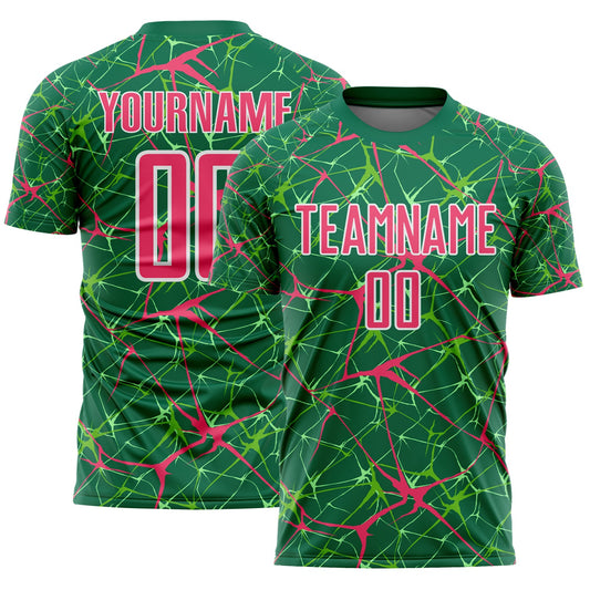 Custom Kelly Green Neon Pink-White Abstract Network Crackle Sublimation Soccer Uniform Jersey - Main View