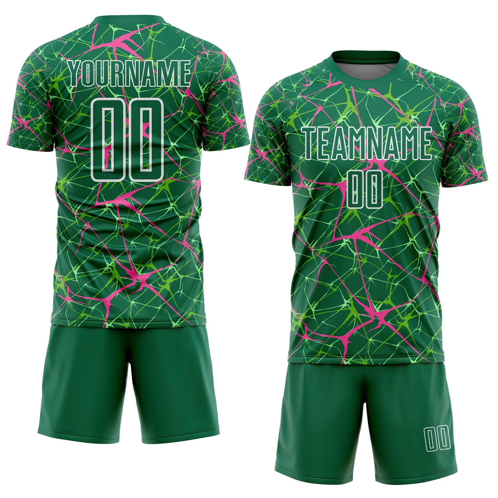 Custom Kelly Green Pink-White Abstract Network Crackle Sublimation Soccer Uniform Jersey view 2