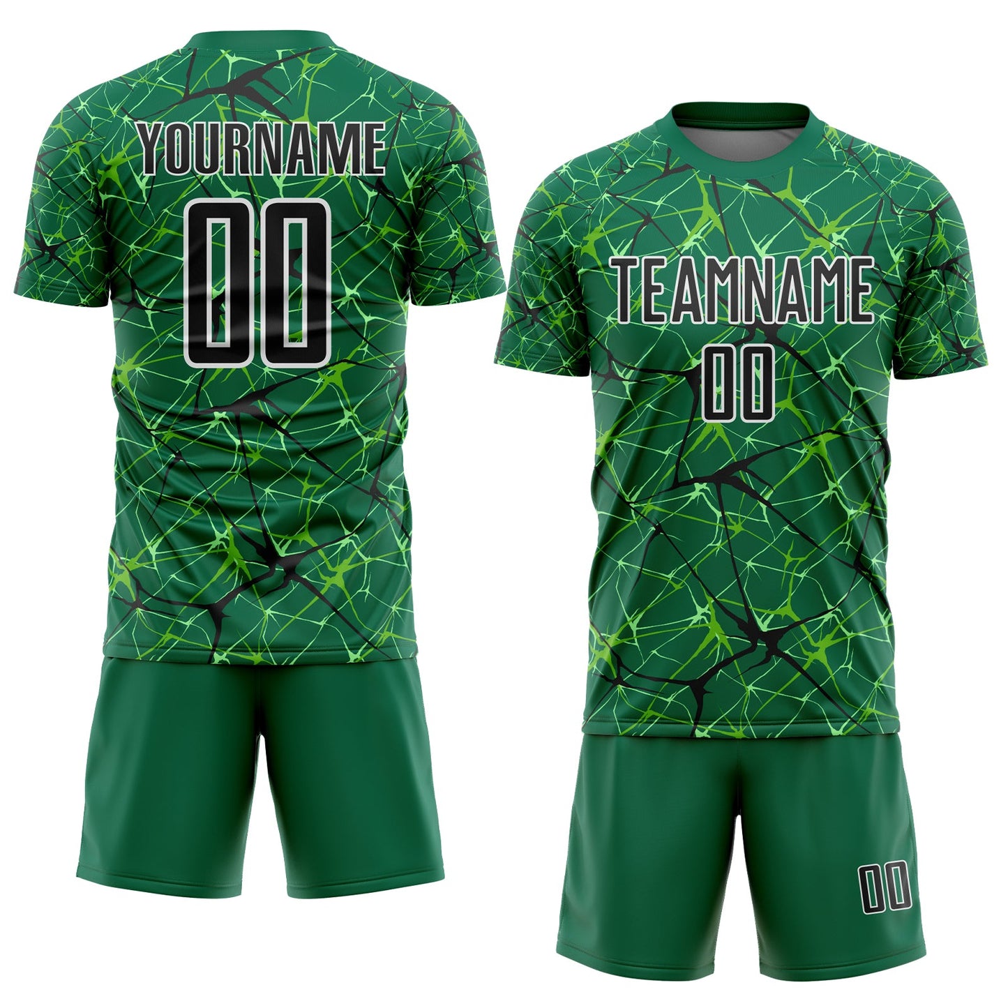 Custom Kelly Green Black-White Abstract Network Crackle Sublimation Soccer Uniform Jersey view 2