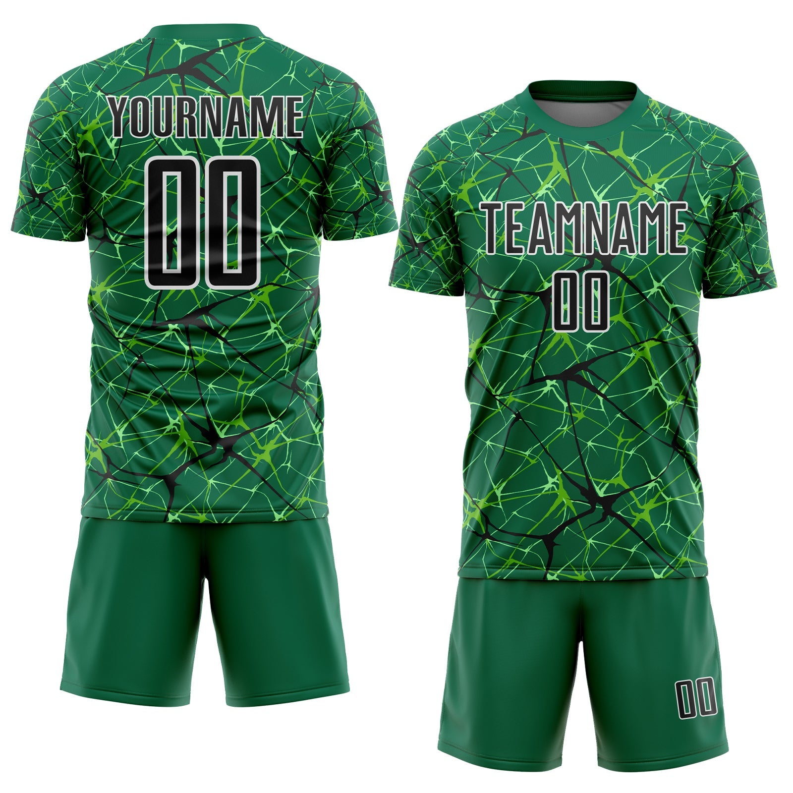 Custom Kelly Green Black-White Abstract Network Crackle Sublimation Soccer Uniform Jersey view 2