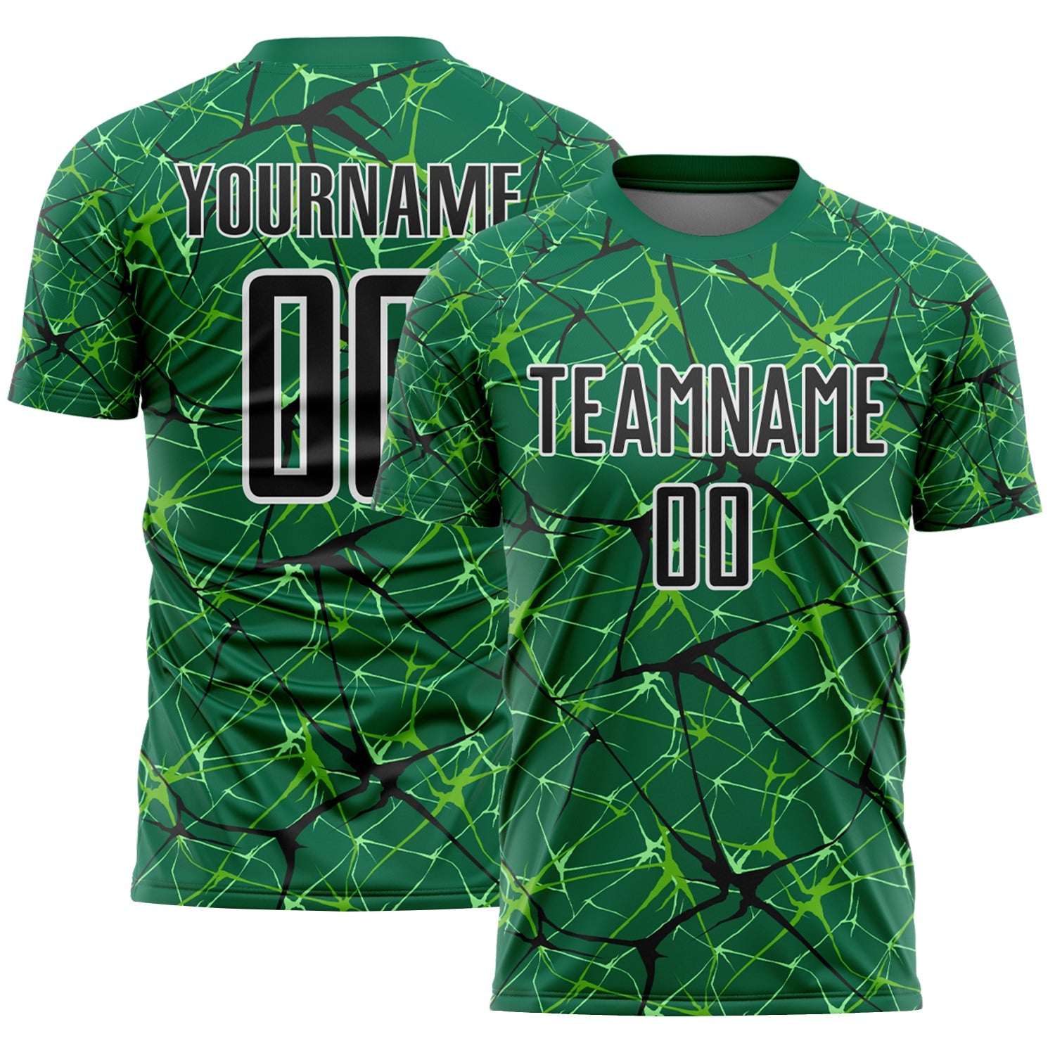 Custom Kelly Green Black-White Abstract Network Crackle Sublimation Soccer Uniform Jersey - Main View