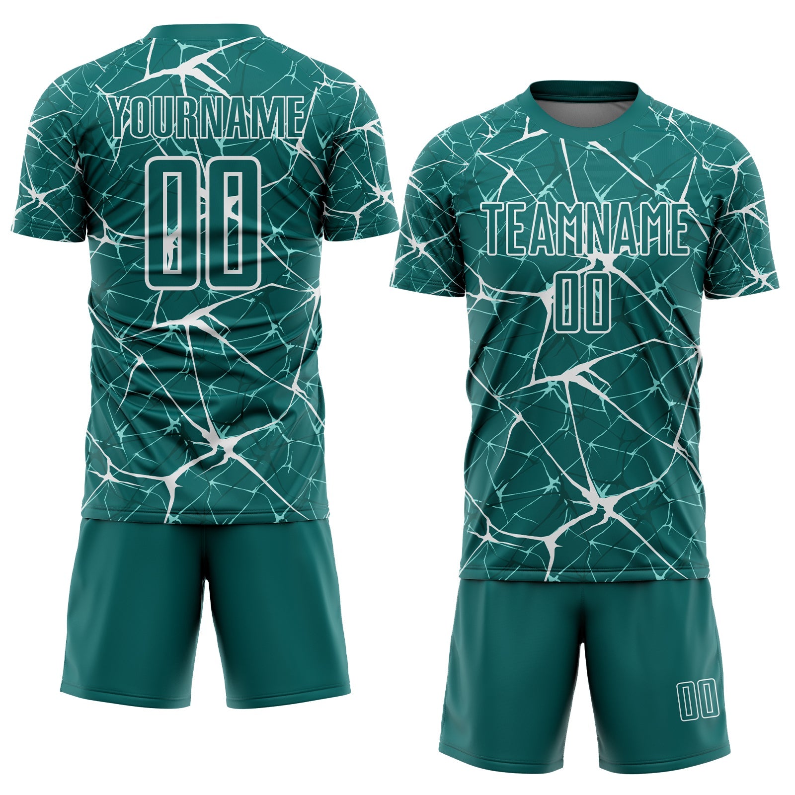 Custom Teal-White Abstract Network Crackle Sublimation Soccer Uniform Jersey view 2