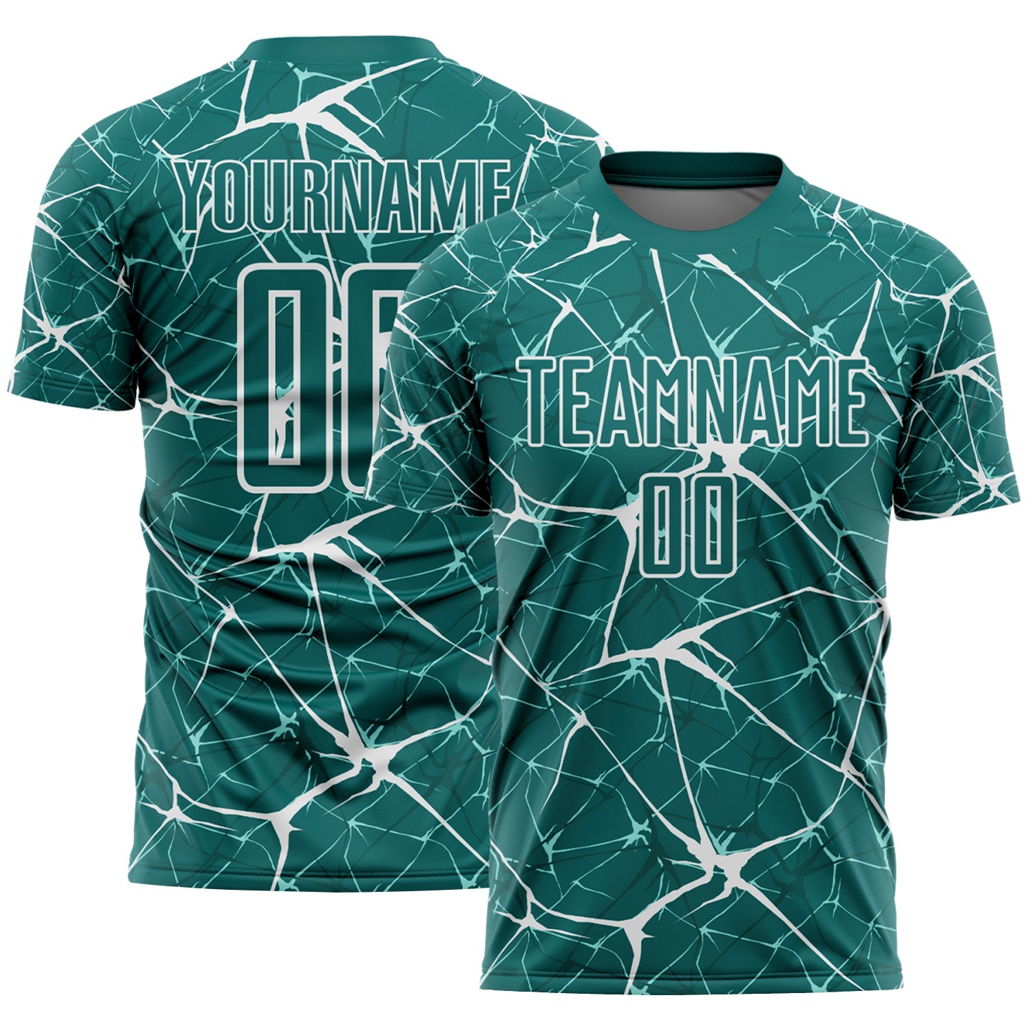 Custom Teal-White Abstract Network Crackle Sublimation Soccer Uniform Jersey - Main View