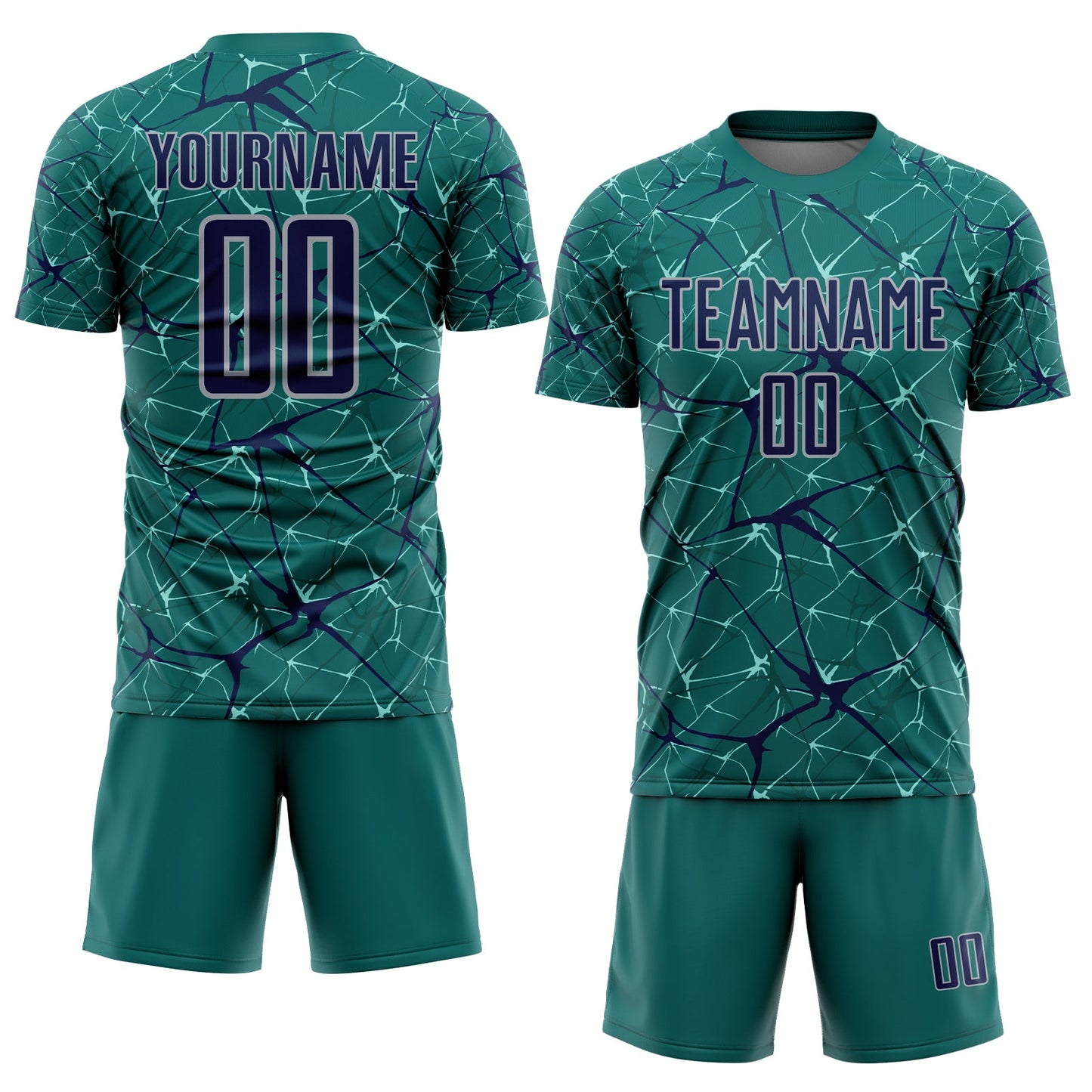Custom Teal Navy-Gray Abstract Network Crackle Sublimation Soccer Uniform Jersey view 2