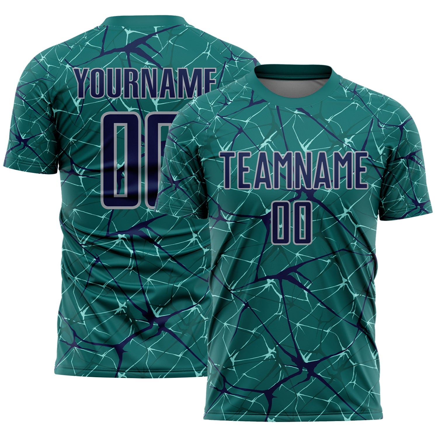 Custom Teal Navy-Gray Abstract Network Crackle Sublimation Soccer Uniform Jersey - Main View