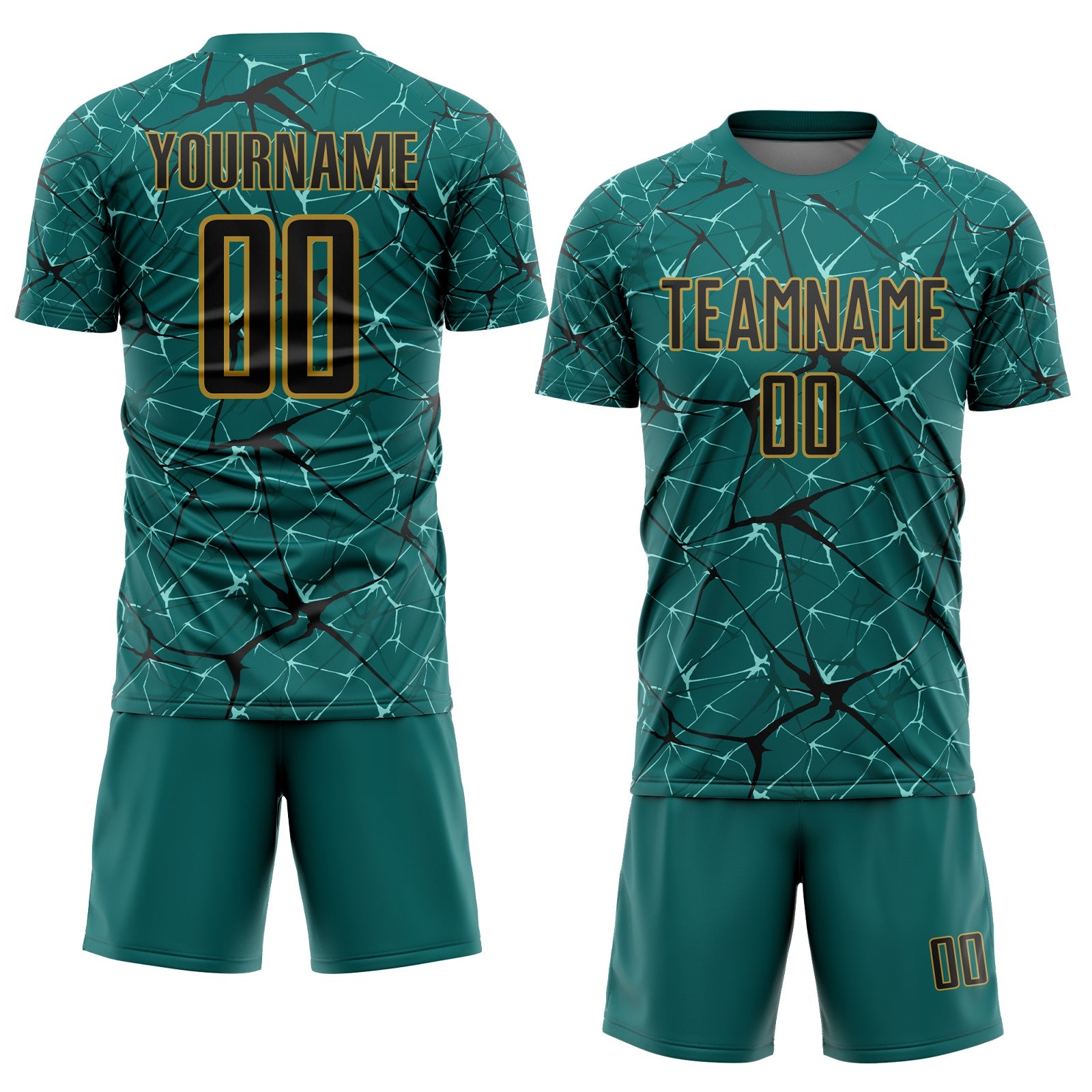 Custom Teal Black-Old Gold Abstract Network Crackle Sublimation Soccer Uniform Jersey view 2