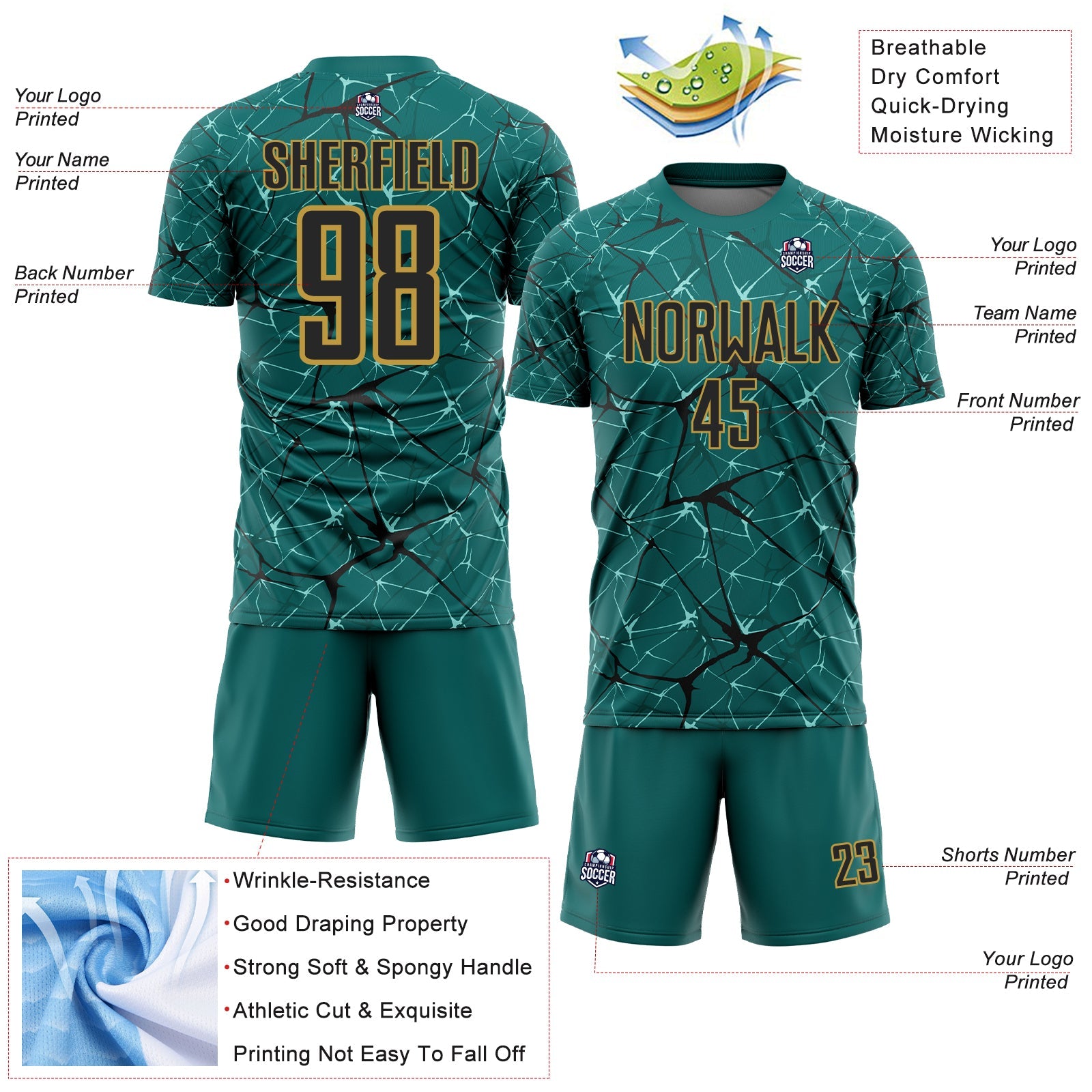 Custom Teal Black-Old Gold Abstract Network Crackle Sublimation Soccer Uniform Jersey view 4