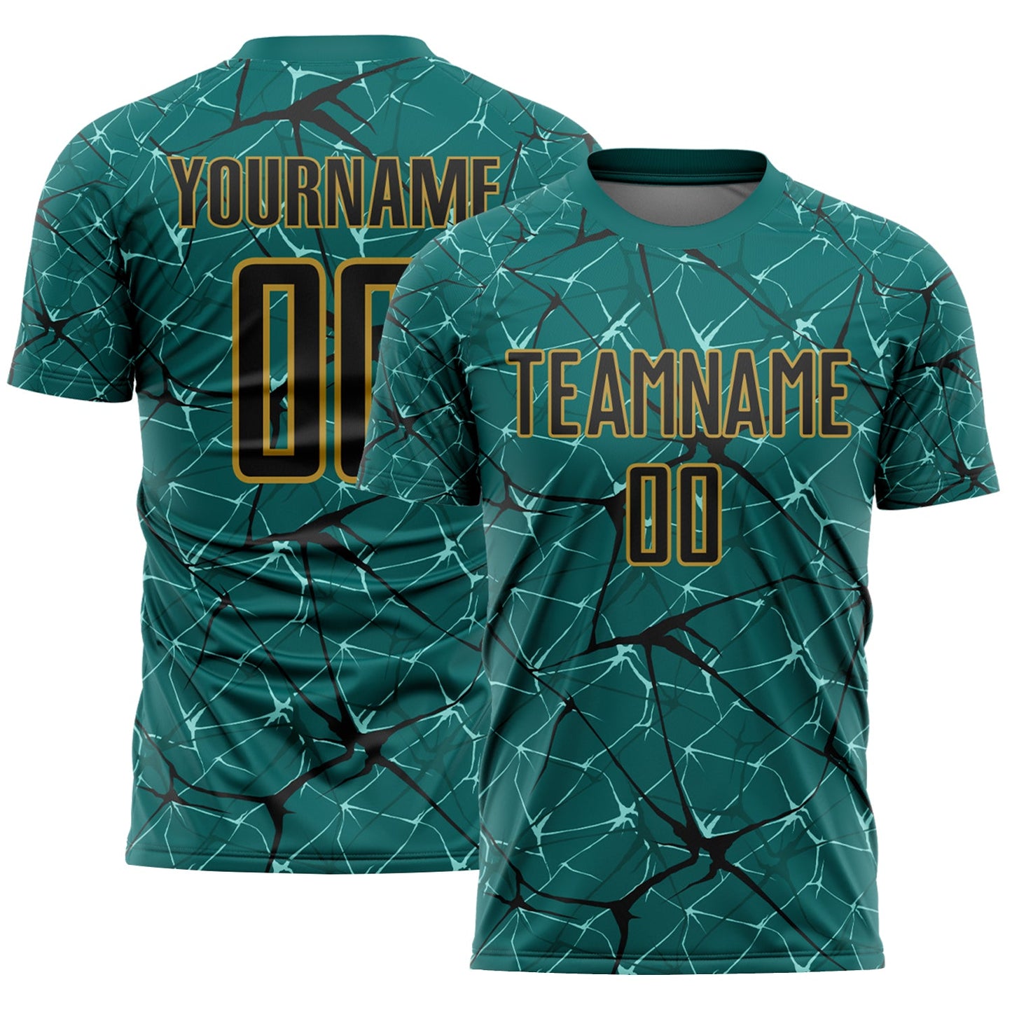 Custom Teal Black-Old Gold Abstract Network Crackle Sublimation Soccer Uniform Jersey - Main View