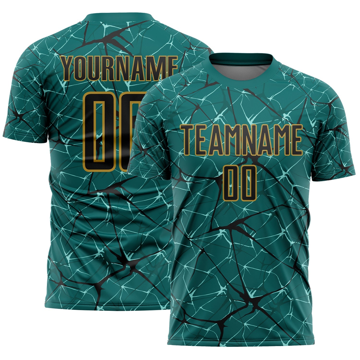 Custom Teal Black-Old Gold Abstract Network Crackle Sublimation Soccer Uniform Jersey - Main View