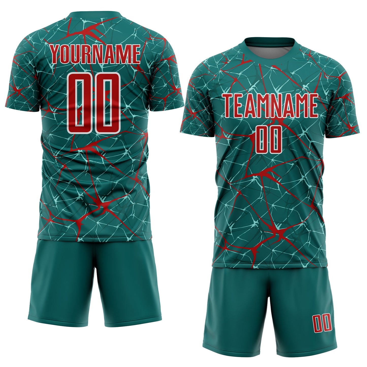Custom Teal Red-White Abstract Network Crackle Sublimation Soccer Uniform Jersey view 2