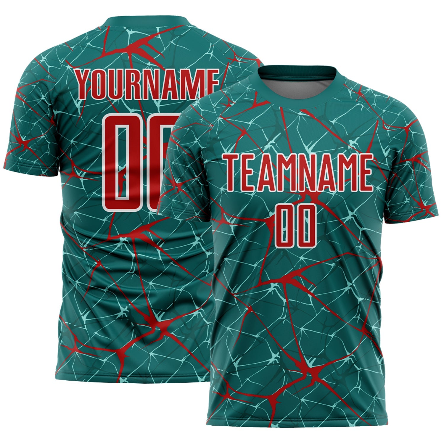 Custom Teal Red-White Abstract Network Crackle Sublimation Soccer Uniform Jersey - Main View