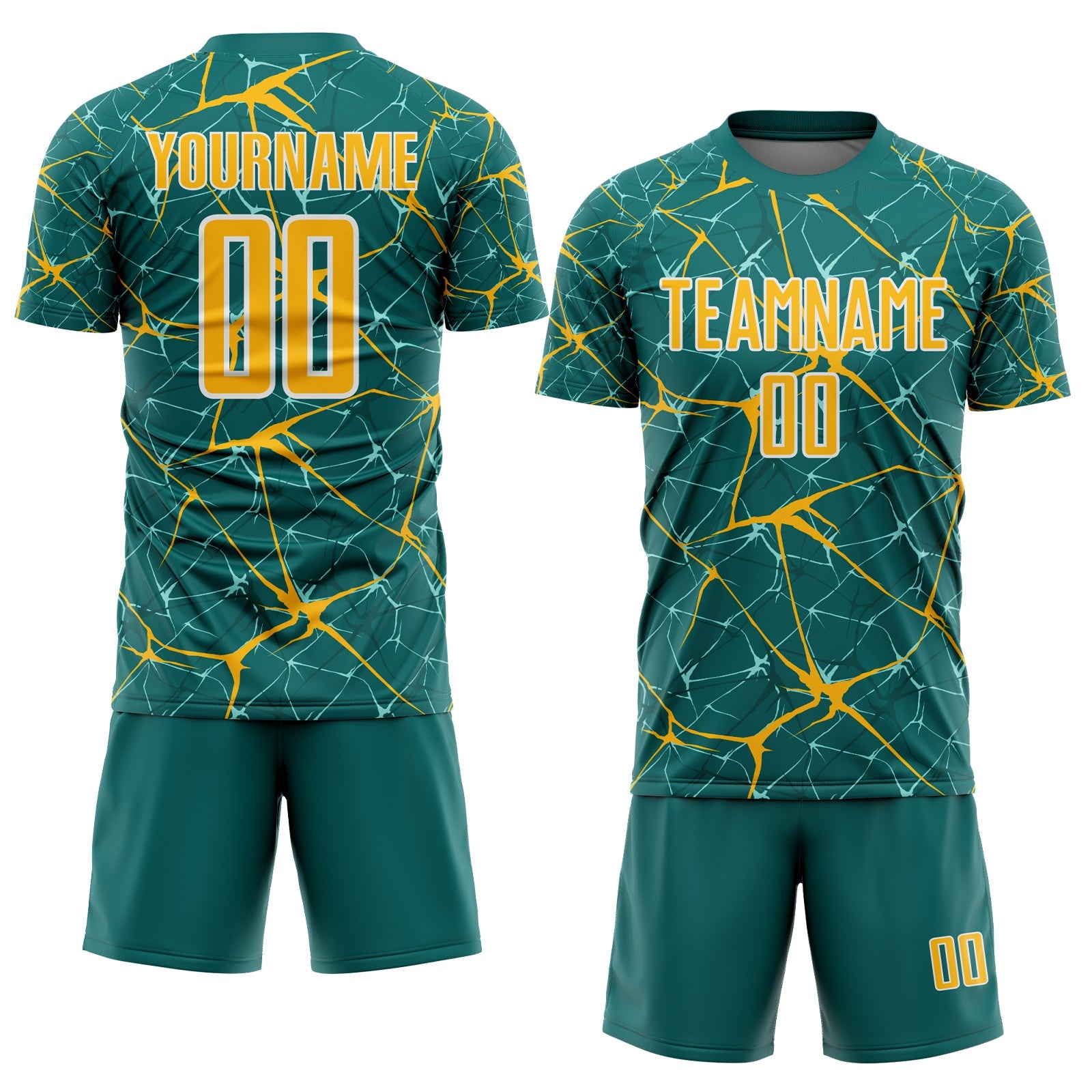 Custom Teal Gold-White Abstract Network Crackle Sublimation Soccer Uniform Jersey view 2