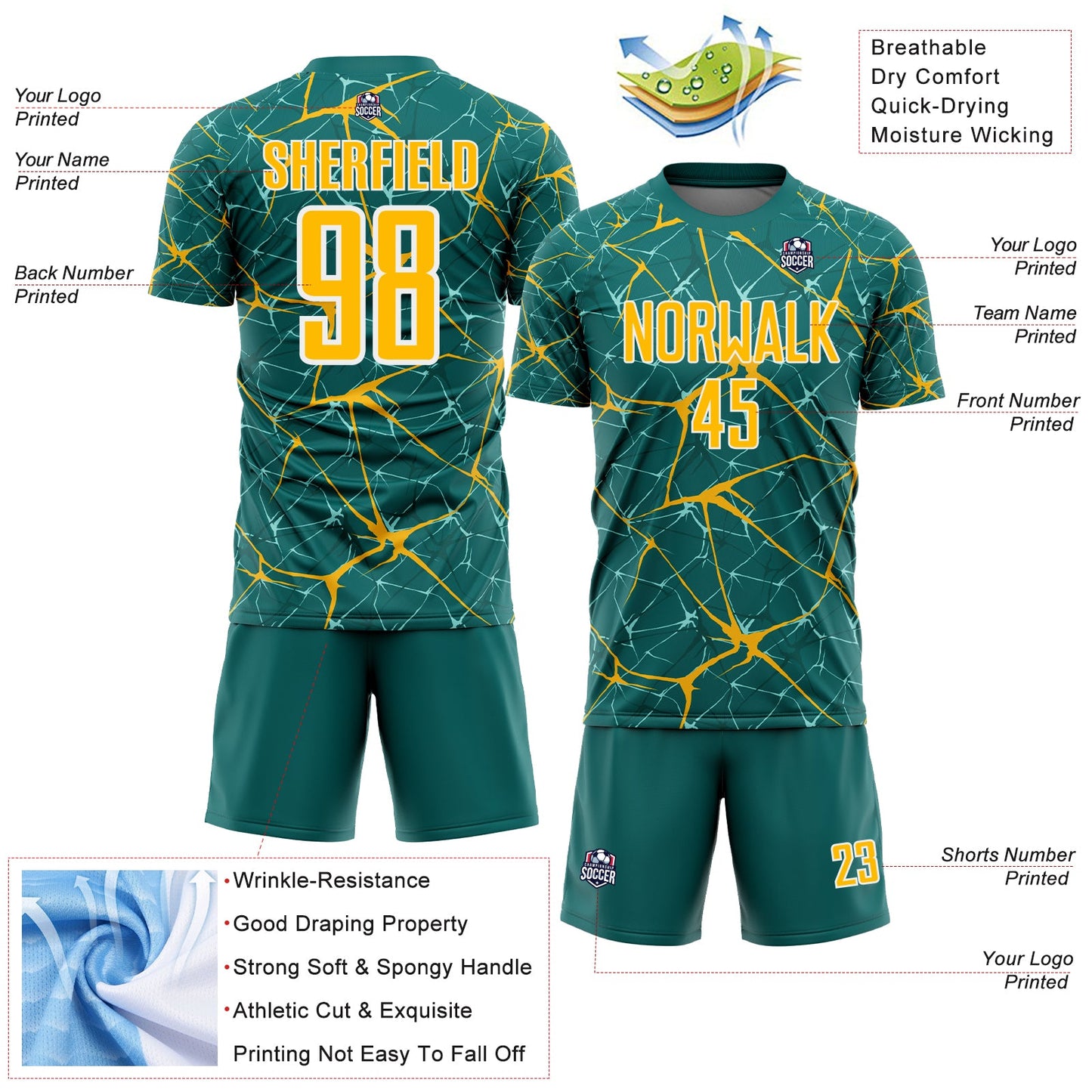 Custom Teal Gold-White Abstract Network Crackle Sublimation Soccer Uniform Jersey view 4