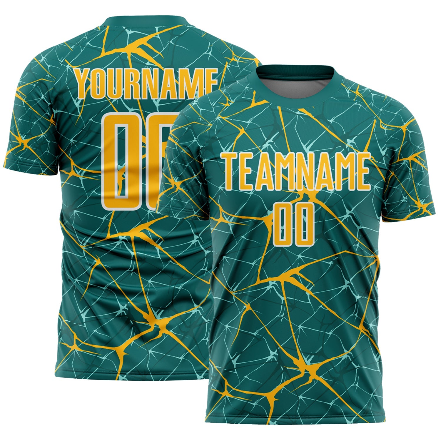 Custom Teal Gold-White Abstract Network Crackle Sublimation Soccer Uniform Jersey - Main View