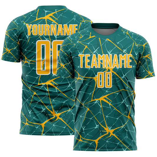 Custom Teal Gold-White Abstract Network Crackle Sublimation Soccer Uniform Jersey - Main View