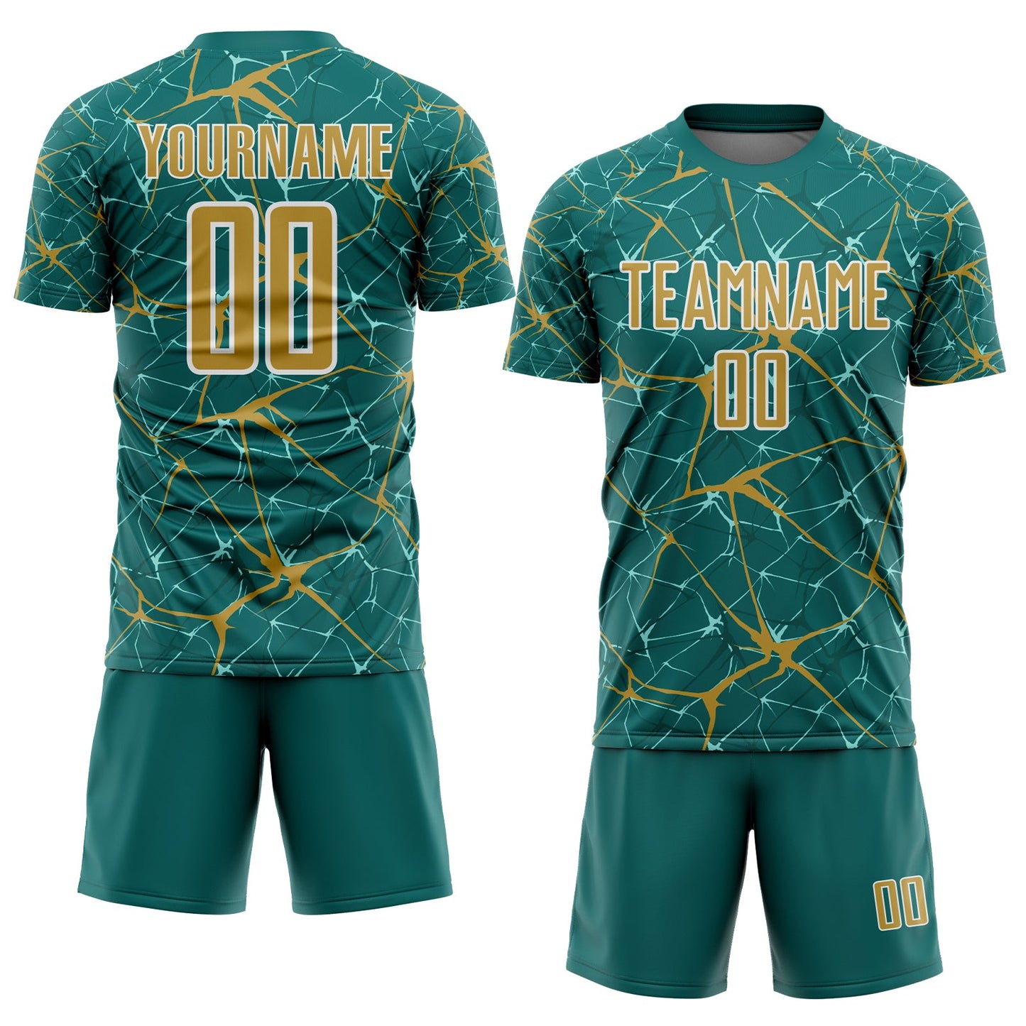 Custom Teal Old Gold-White Abstract Network Crackle Sublimation Soccer Uniform Jersey view 2
