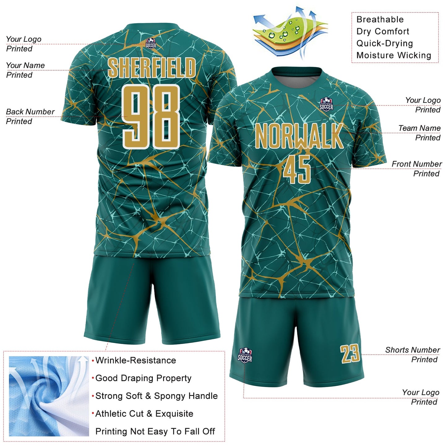 Custom Teal Old Gold-White Abstract Network Crackle Sublimation Soccer Uniform Jersey view 4
