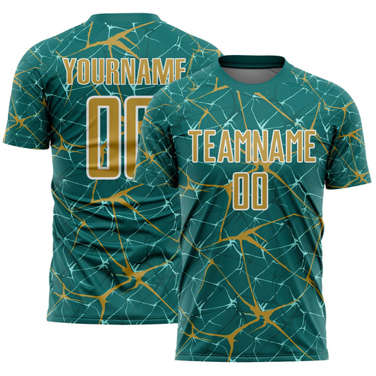 Custom Teal Old Gold-White Abstract Network Crackle Sublimation Soccer Uniform Jersey - Main View