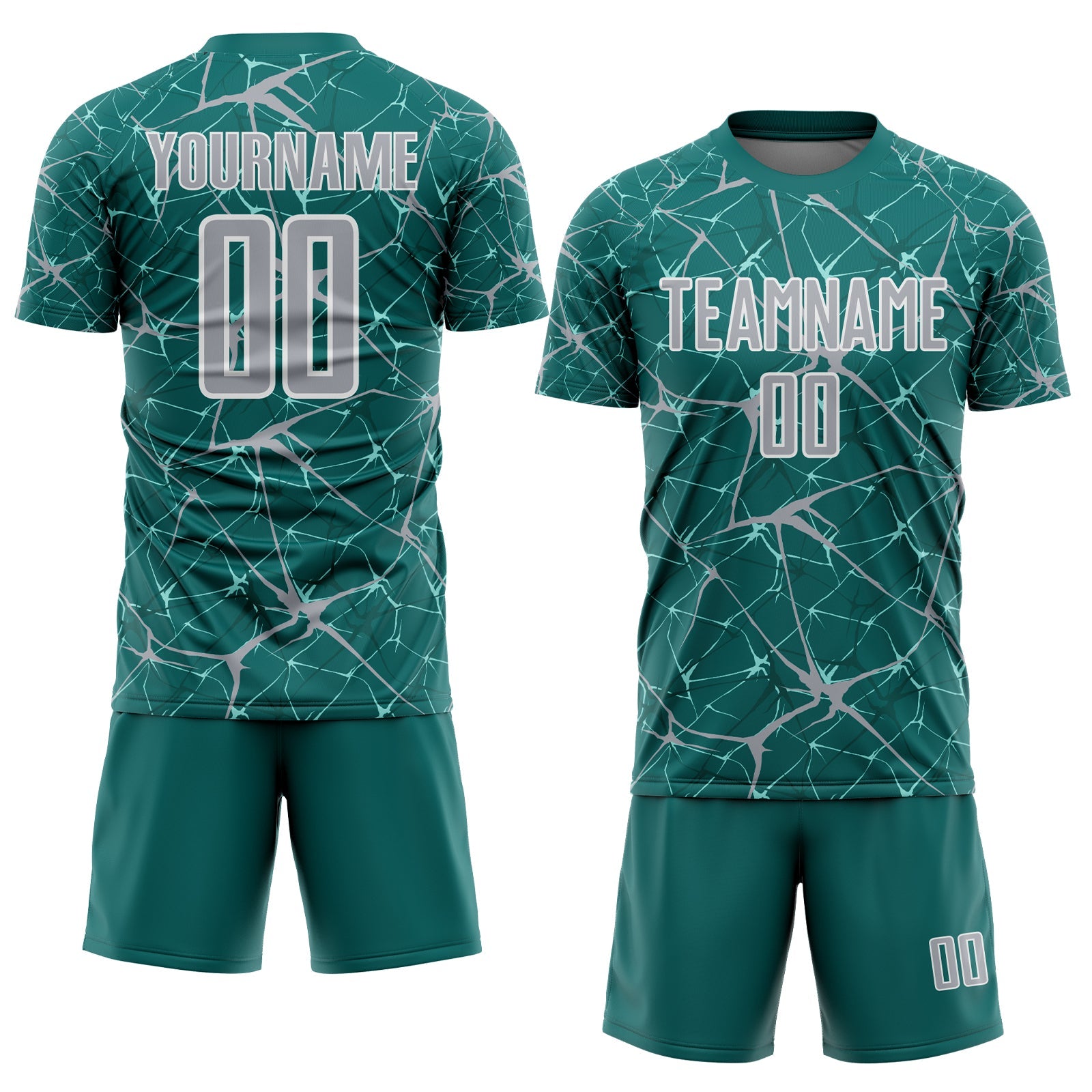 Custom Teal Gray-White Abstract Network Crackle Sublimation Soccer Uniform Jersey view 2