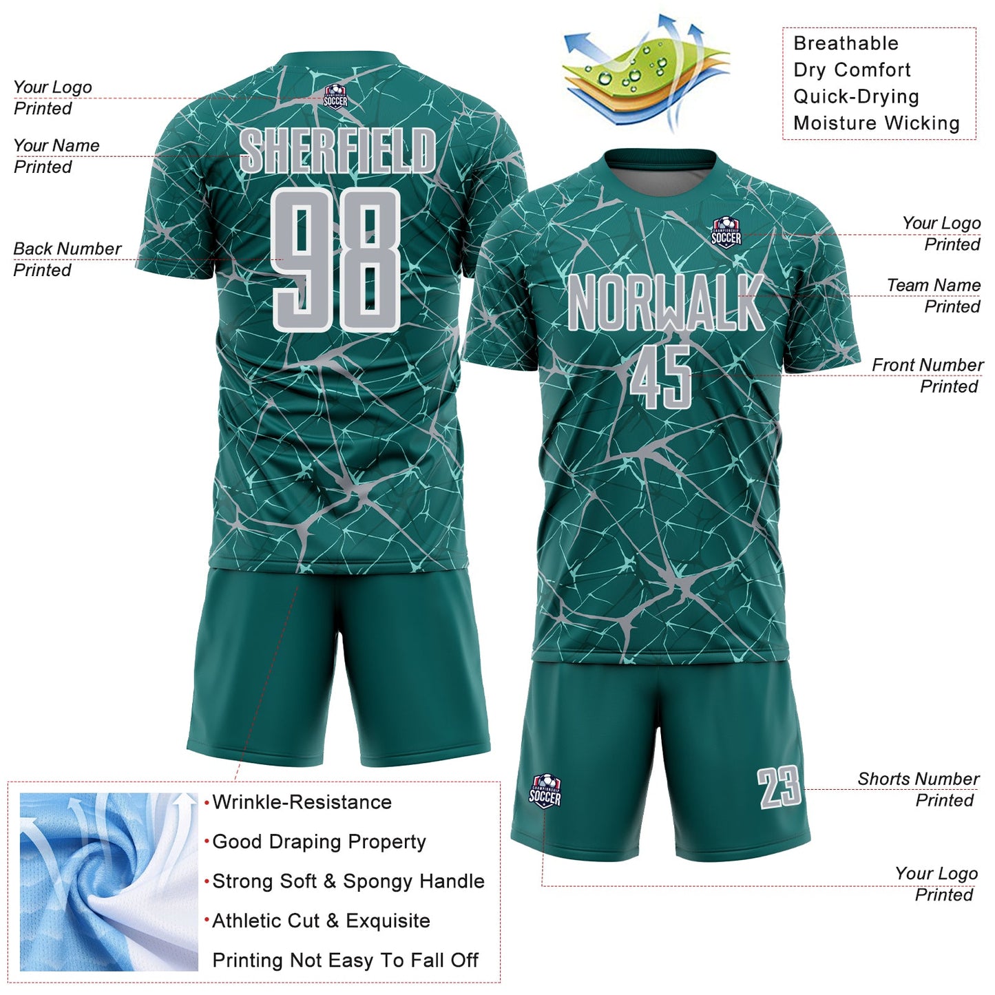 Custom Teal Gray-White Abstract Network Crackle Sublimation Soccer Uniform Jersey view 4