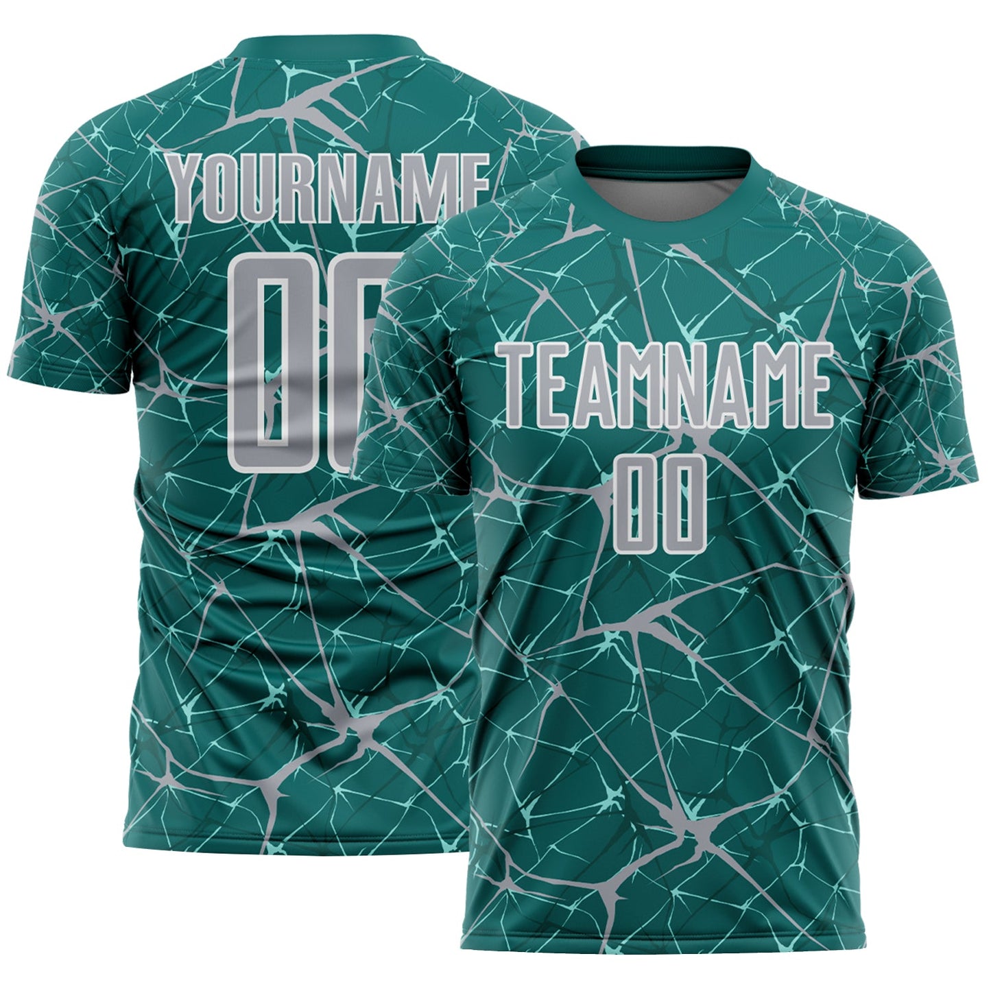 Custom Teal Gray-White Abstract Network Crackle Sublimation Soccer Uniform Jersey - Main View