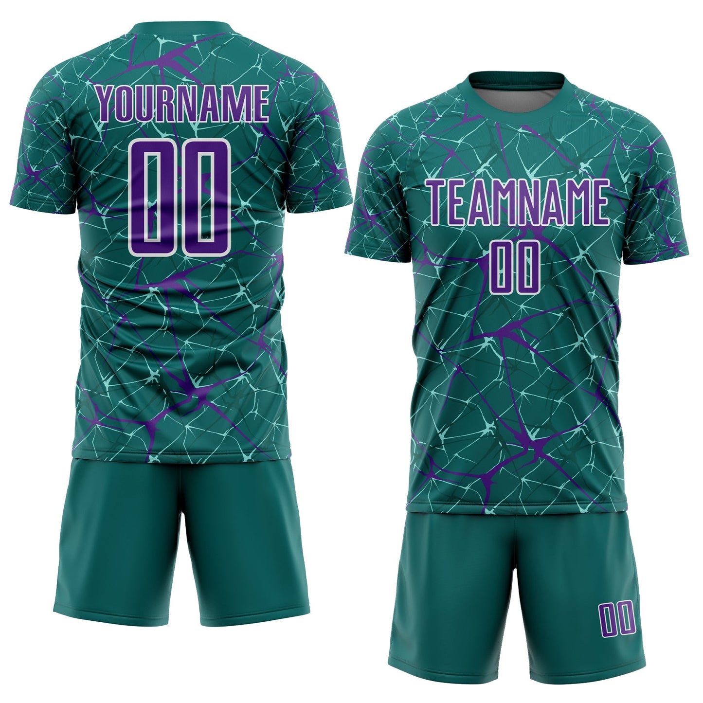 Custom Teal Purple-White Abstract Network Crackle Sublimation Soccer Uniform Jersey view 2