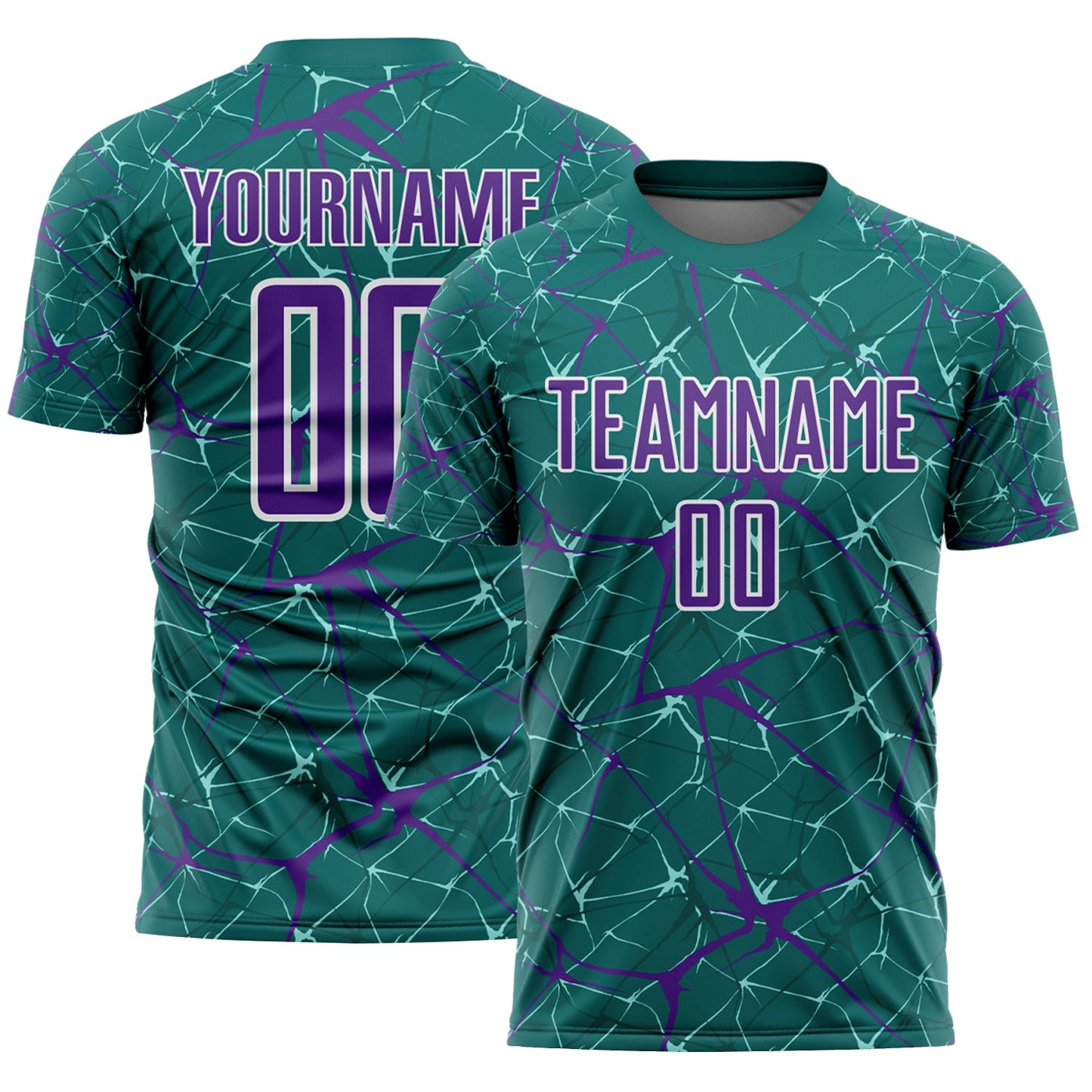Custom Teal Purple-White Abstract Network Crackle Sublimation Soccer Uniform Jersey - Main View