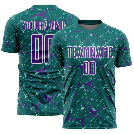 Custom Teal Purple-White Abstract Network Crackle Sublimation Soccer Uniform Jersey - Main View