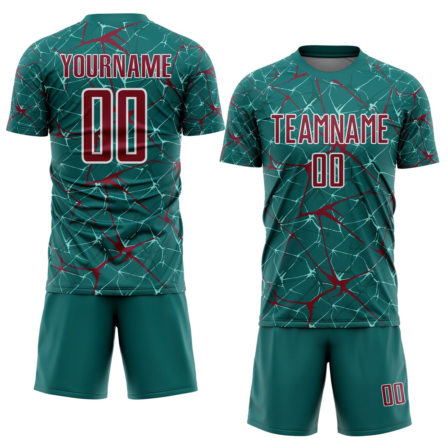 Custom Teal Crimson-White Abstract Network Crackle Sublimation Soccer Uniform Jersey view 2