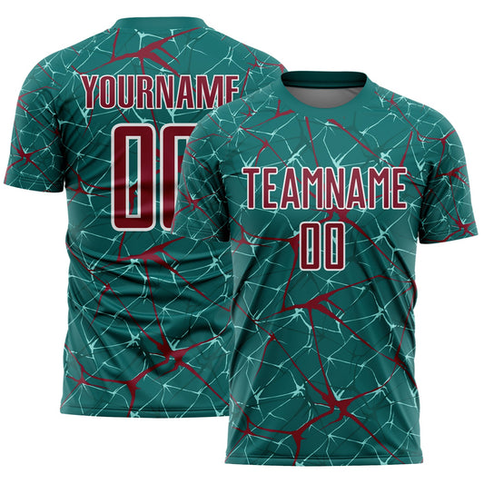 Custom Teal Crimson-White Abstract Network Crackle Sublimation Soccer Uniform Jersey - Main View