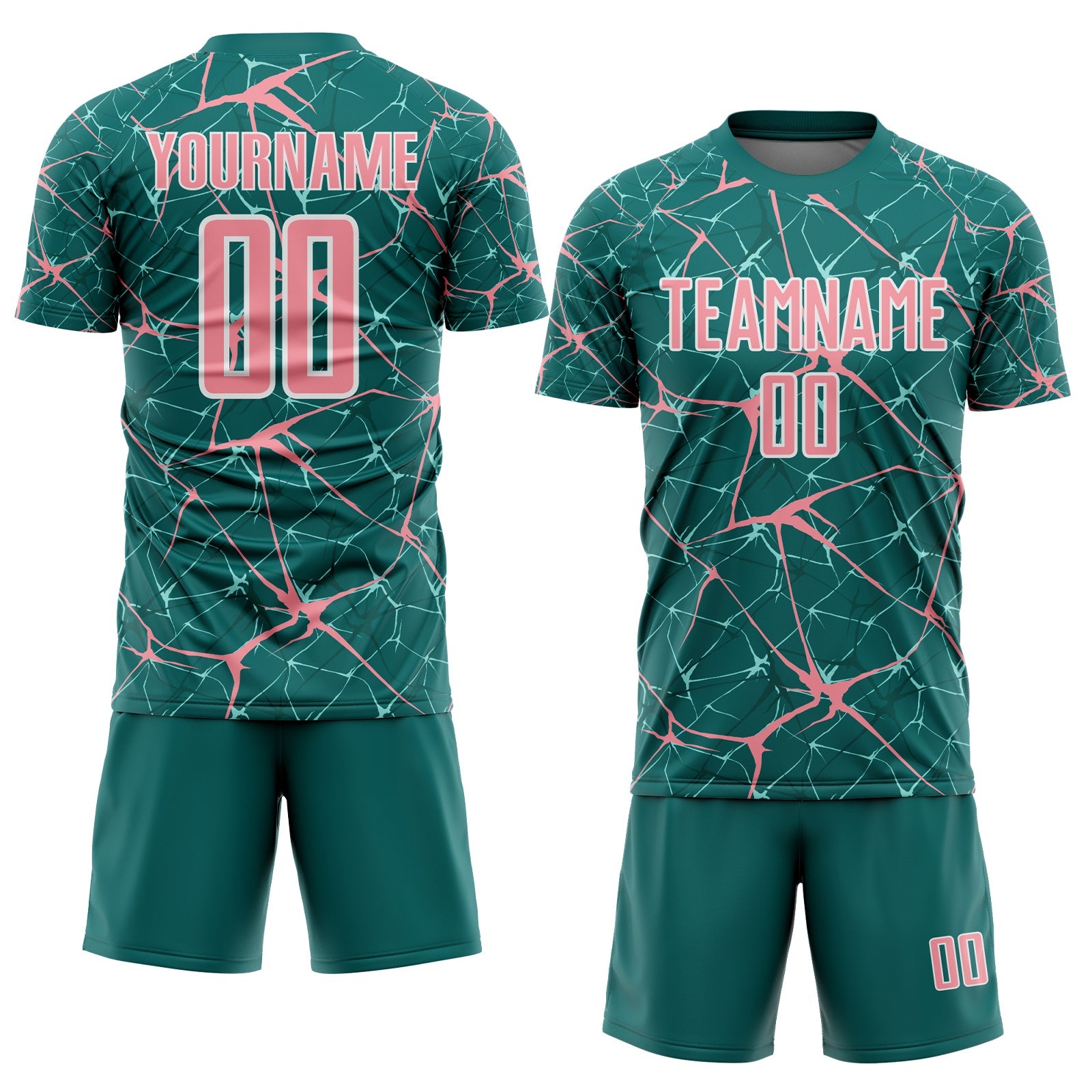 Custom Teal Medium Pink-White Abstract Network Crackle Sublimation Soccer Uniform Jersey view 2